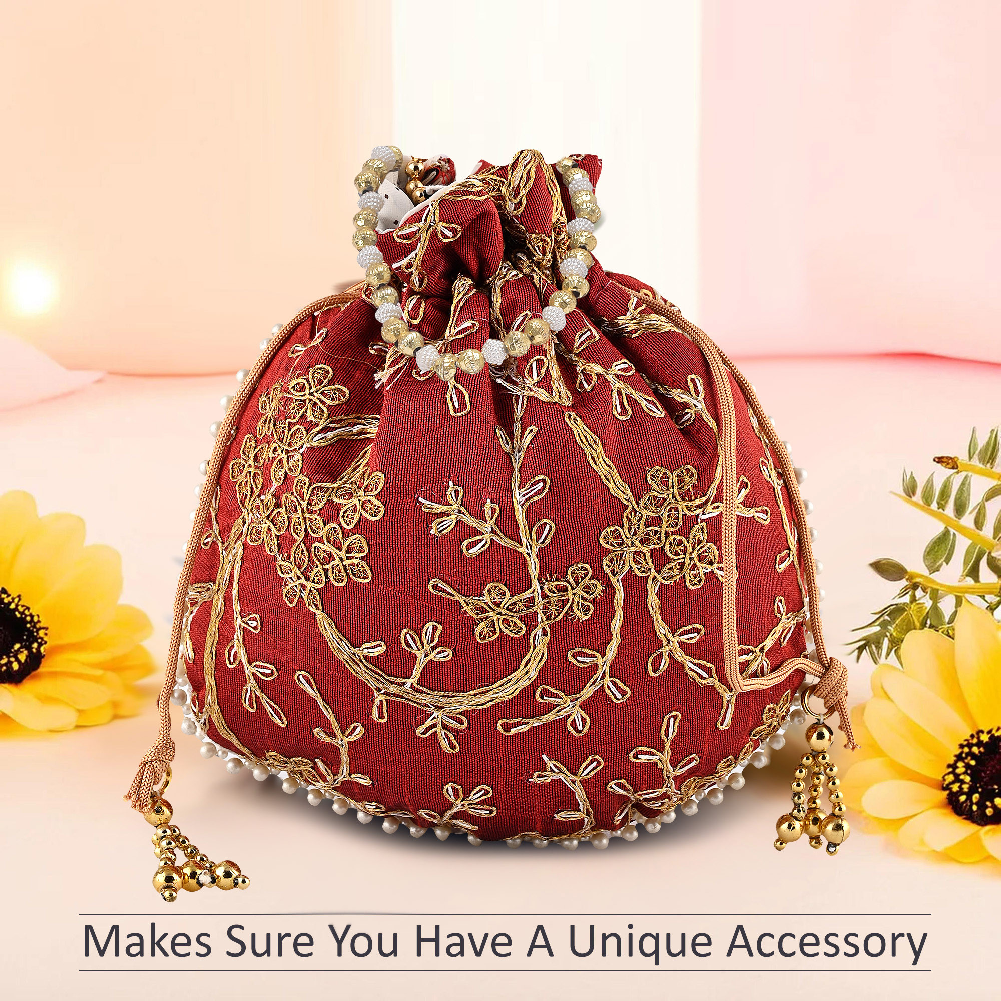 Kuber Industries Potli Bags for Ladies  Girls  Women Shagun Pouches for Festive Seasons  Batwa Bag Bridal Purse With Embroidery -Maroon