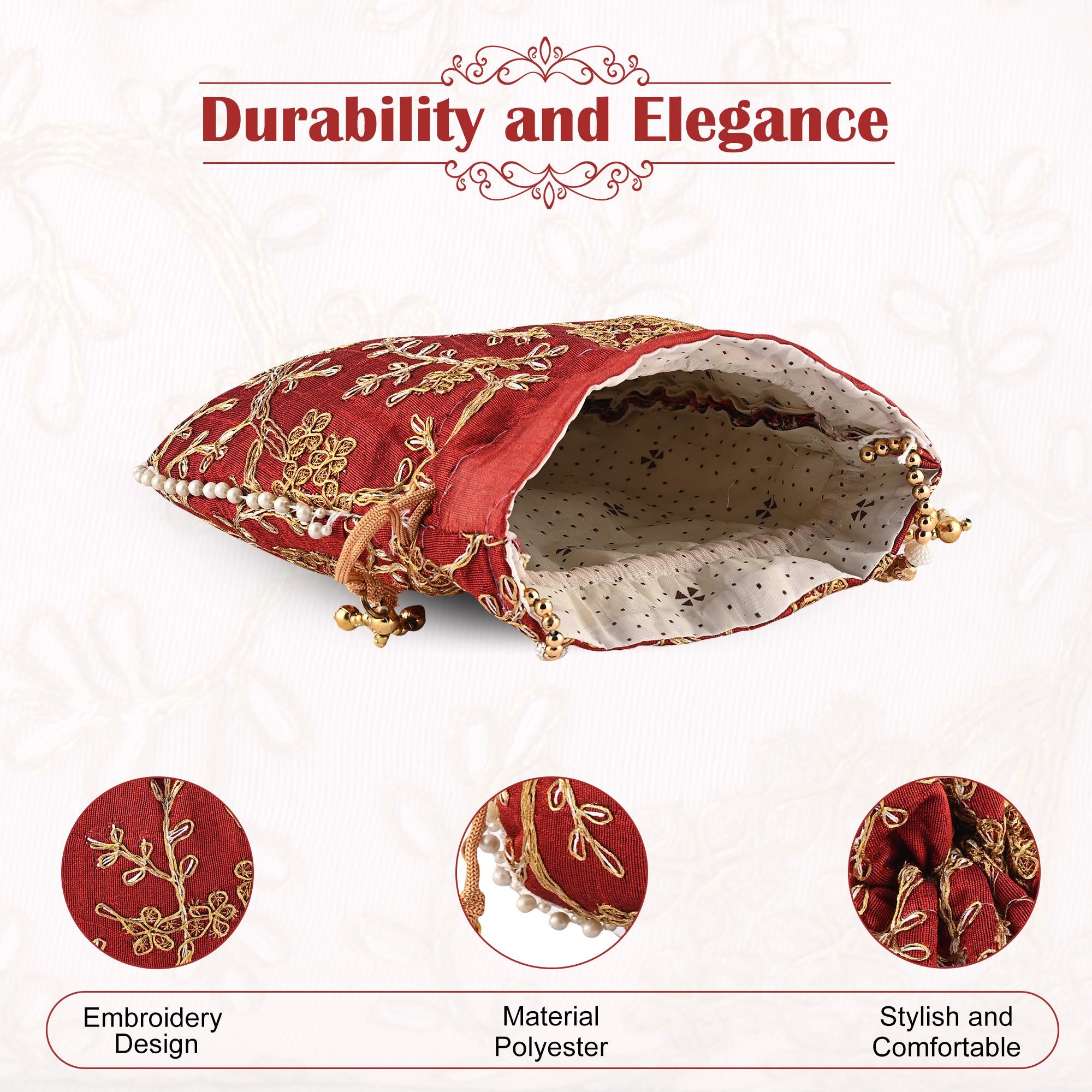 Kuber Industries Potli Bags for Ladies  Girls  Women Shagun Pouches for Festive Seasons  Batwa Bag Bridal Purse With Embroidery -Maroon