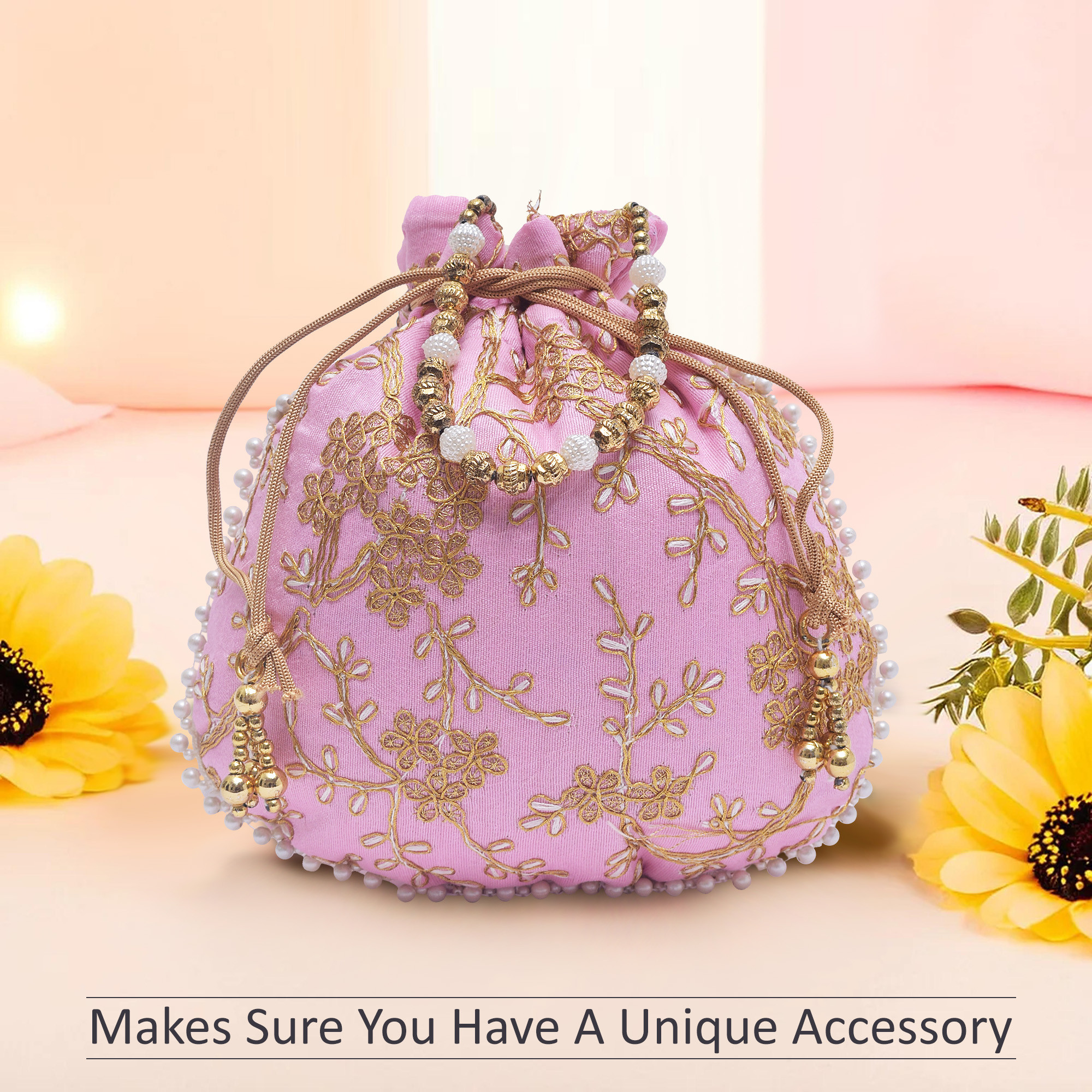 Kuber Industries Potli Bags for Ladies  Girls  Women Shagun Pouches for Festive Seasons  Batwa Bag Bridal Purse With Embroidery -Light Pink