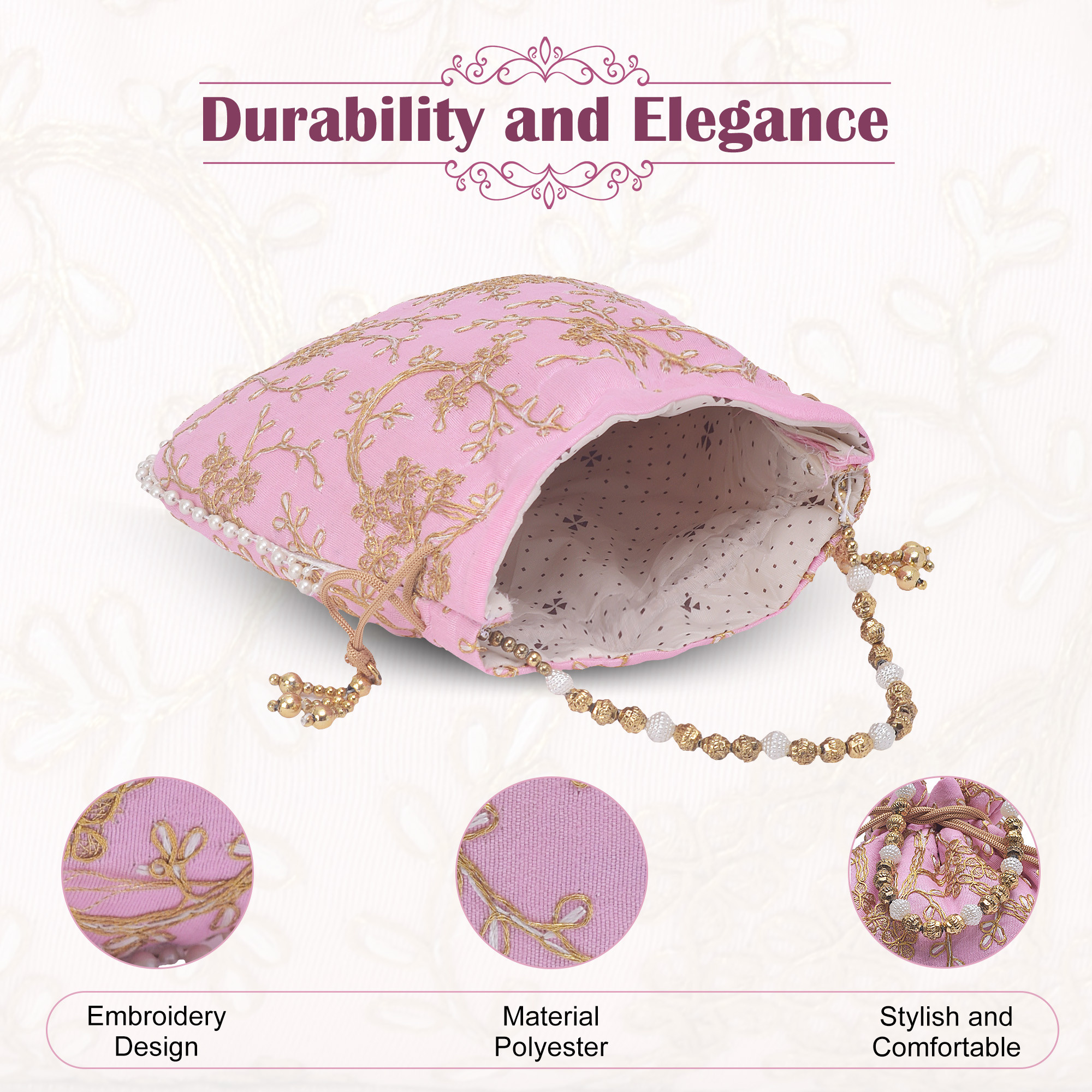 Kuber Industries Potli Bags for Ladies  Girls  Women Shagun Pouches for Festive Seasons  Batwa Bag Bridal Purse With Embroidery -Light Pink