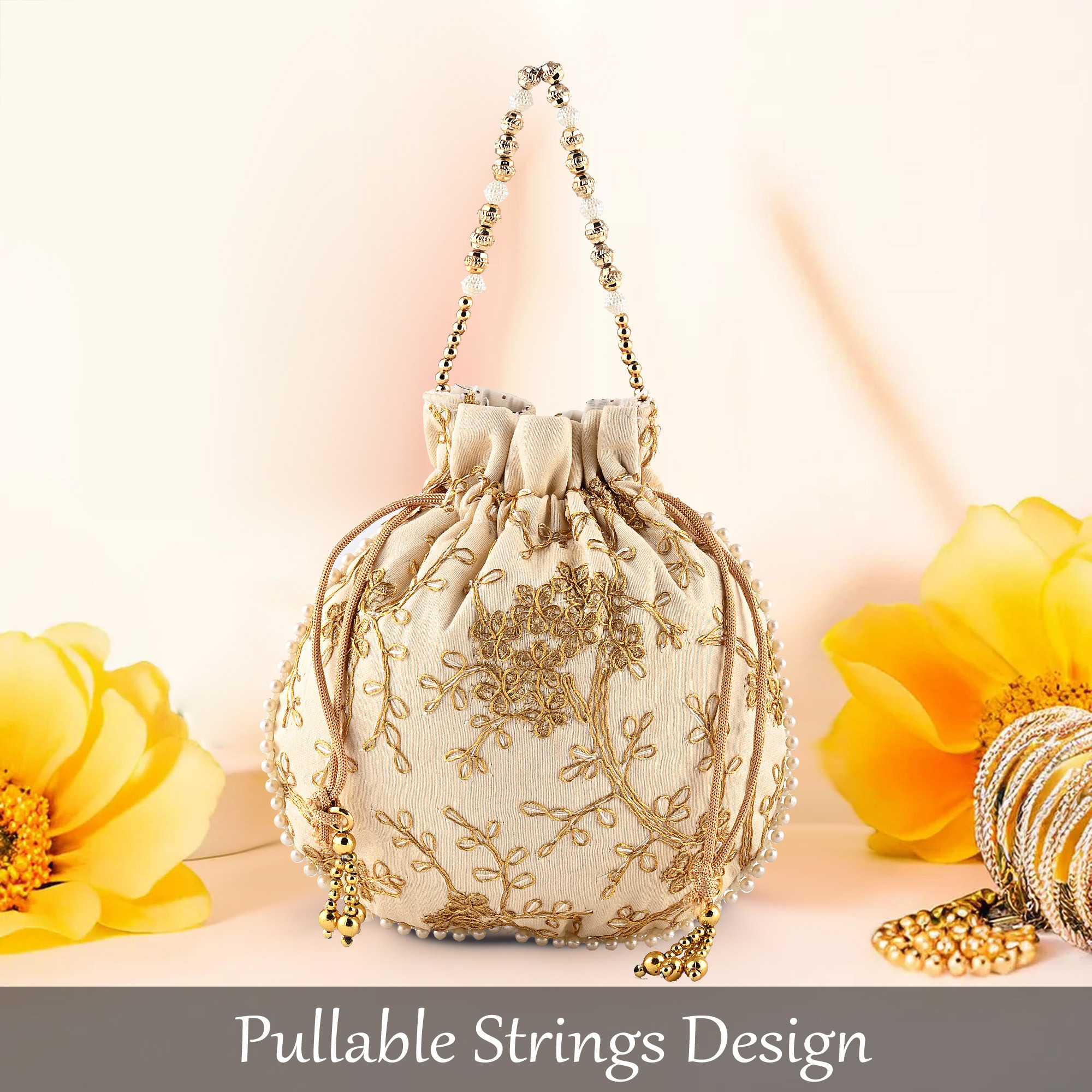 Kuber Industries Potli Bags for Ladies  Girls  Women Shagun Pouches for Festive Seasons  Batwa Bag Bridal Purse With Embroidery -Cream