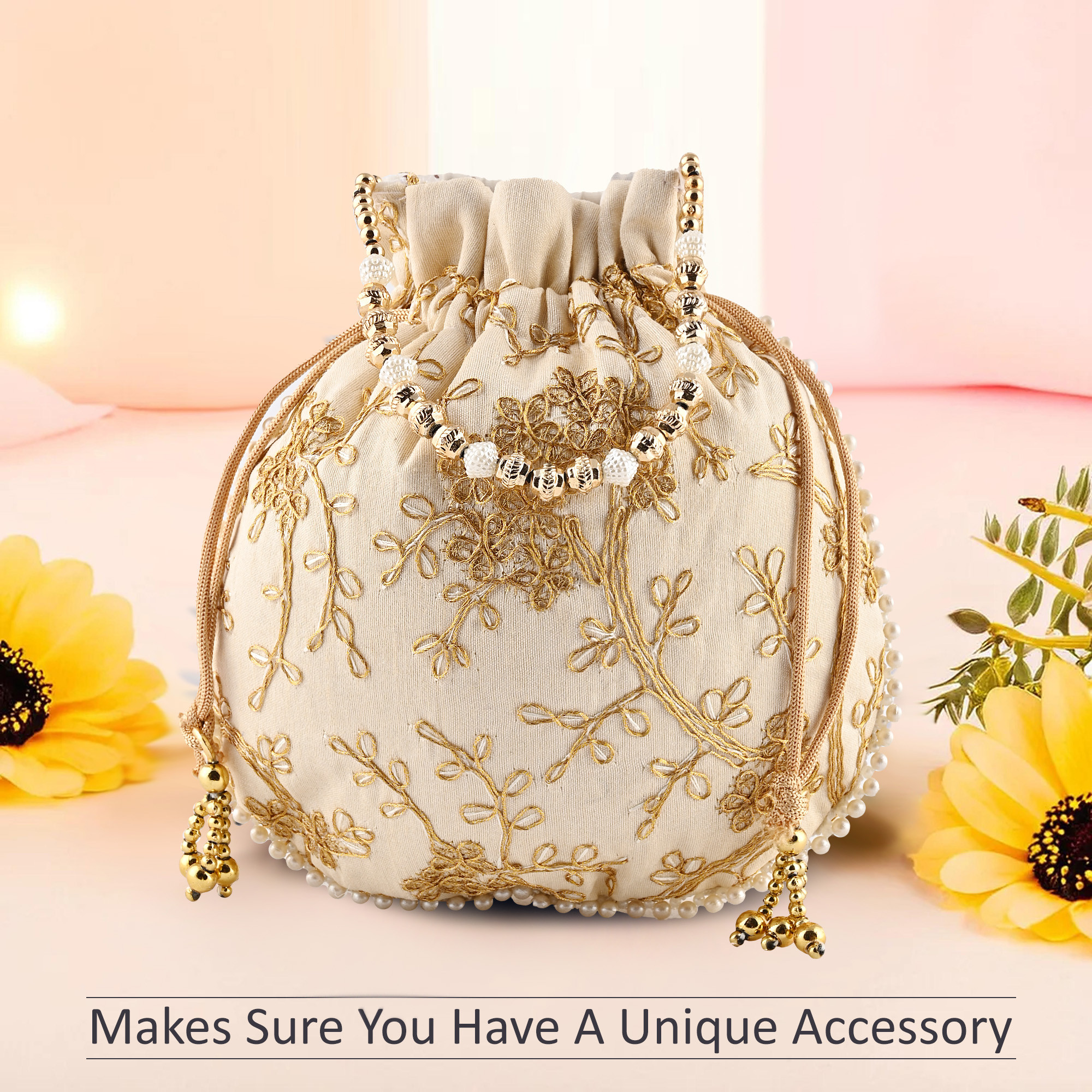 Kuber Industries Potli Bags for Ladies  Girls  Women Shagun Pouches for Festive Seasons  Batwa Bag Bridal Purse With Embroidery -Cream