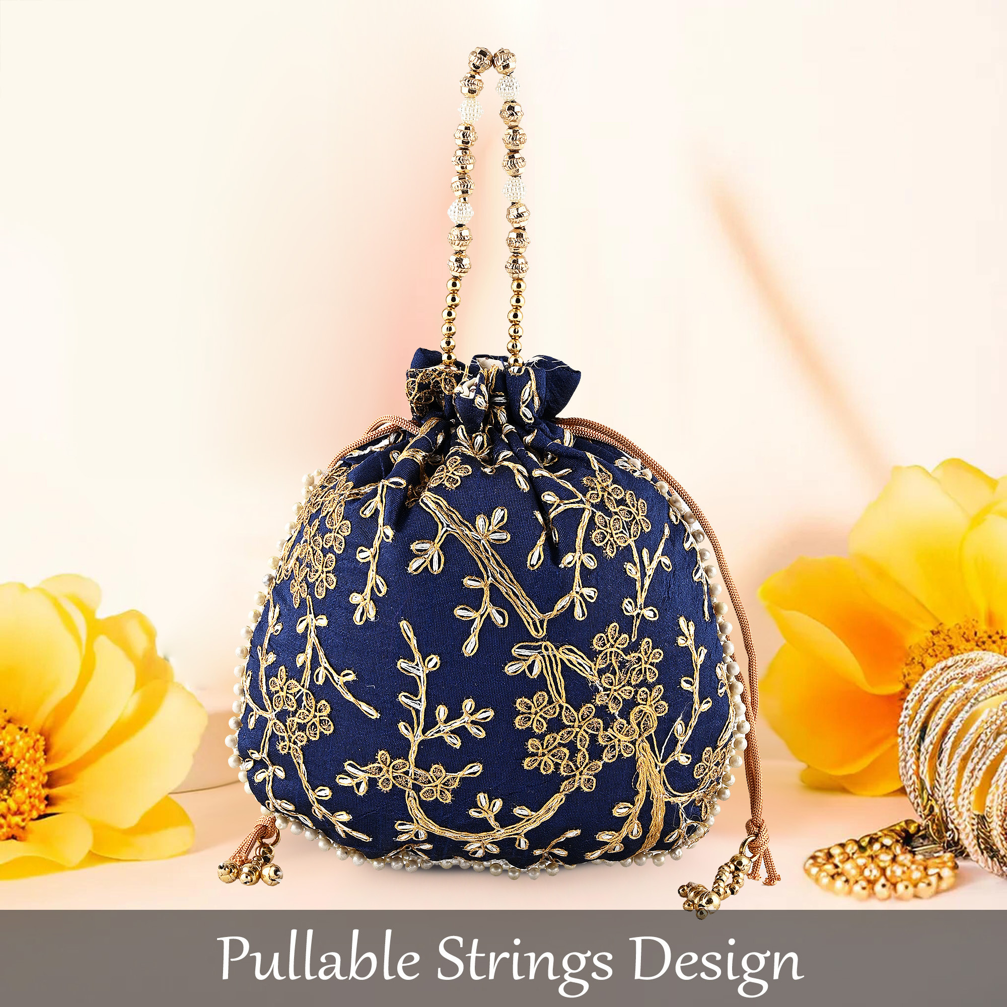 Kuber Industries Potli Bags for Ladies  Girls  Women Shagun Pouches for Festive Seasons  Batwa Bag Bridal Purse With Embroidery -Dark Blue