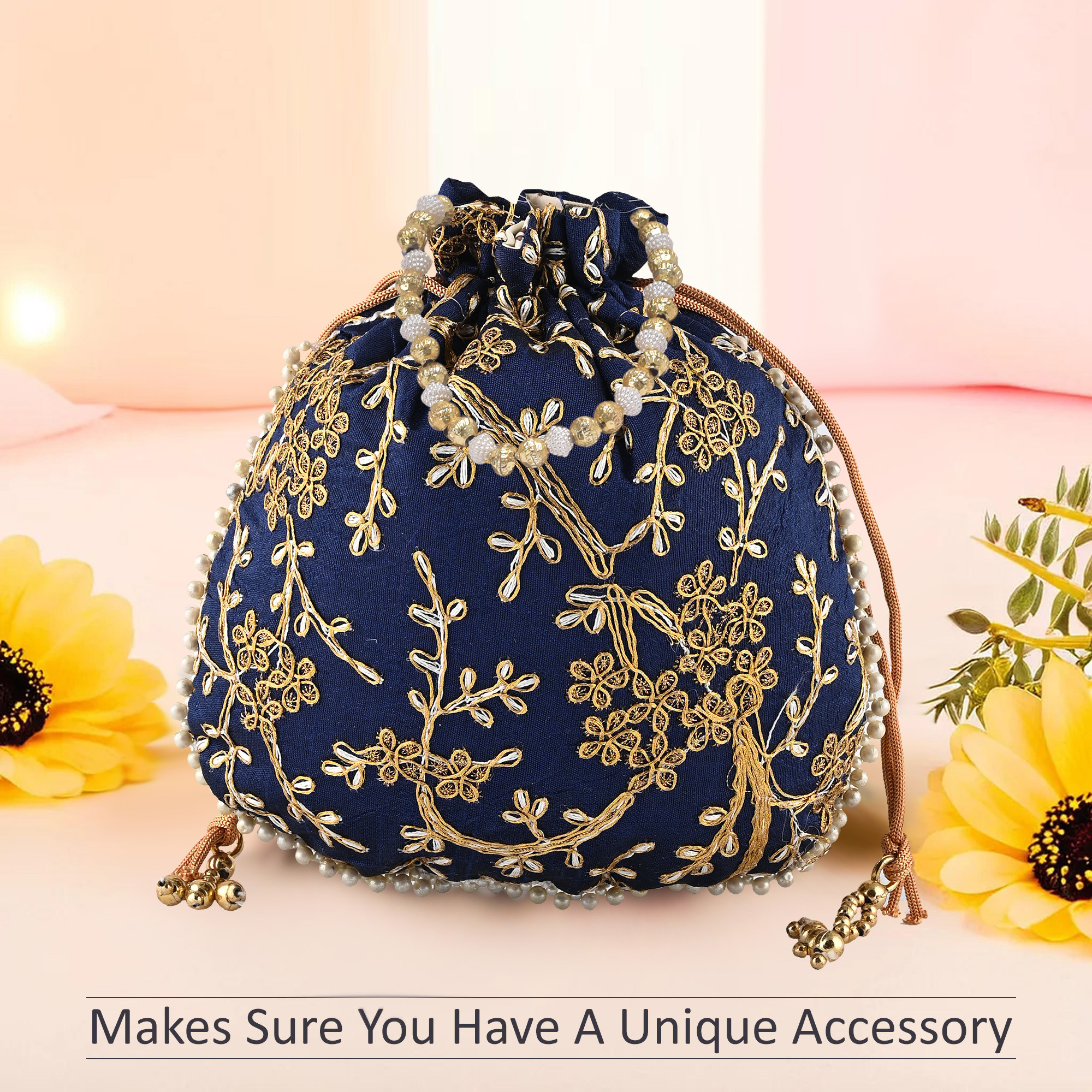 Kuber Industries Potli Bags for Ladies  Girls  Women Shagun Pouches for Festive Seasons  Batwa Bag Bridal Purse With Embroidery -Dark Blue