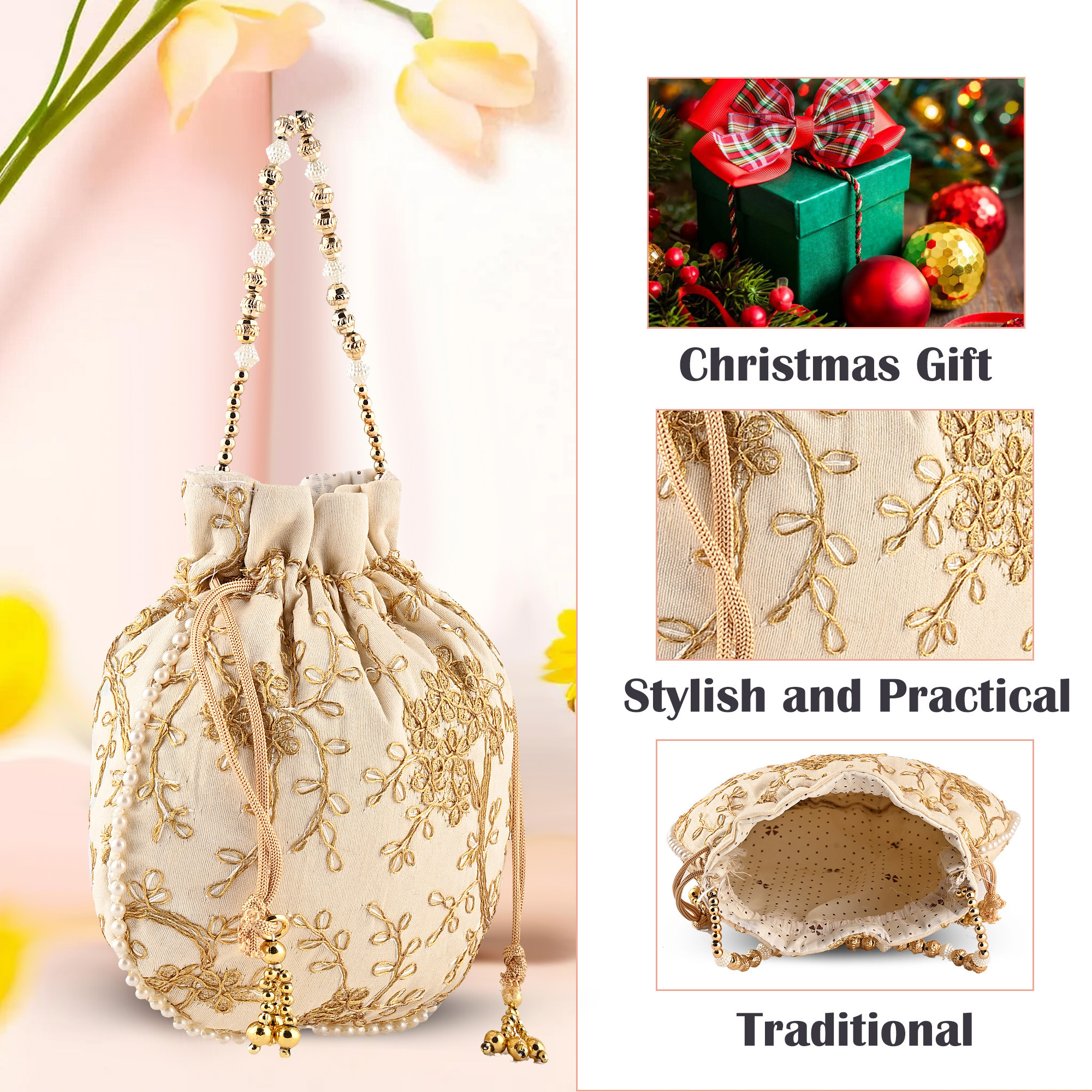 Kuber Industries Potli Bags for Ladies  Girls  Women Shagun Pouches for Festive Seasons  Batwa Bag Bridal Purse With Embroidery -Cream