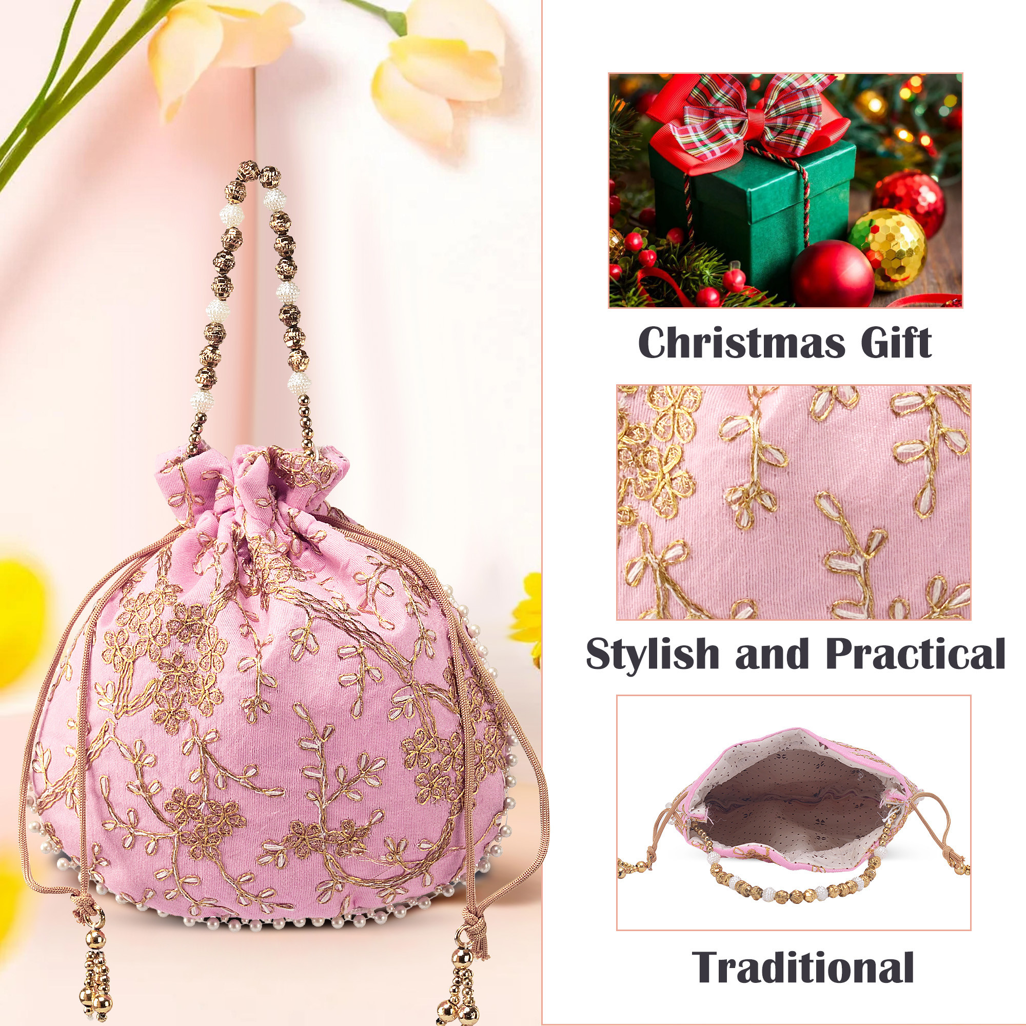 Kuber Industries Potli Bags for Ladies  Girls  Women Shagun Pouches for Festive Seasons  Batwa Bag Bridal Purse With Embroidery -Light Pink
