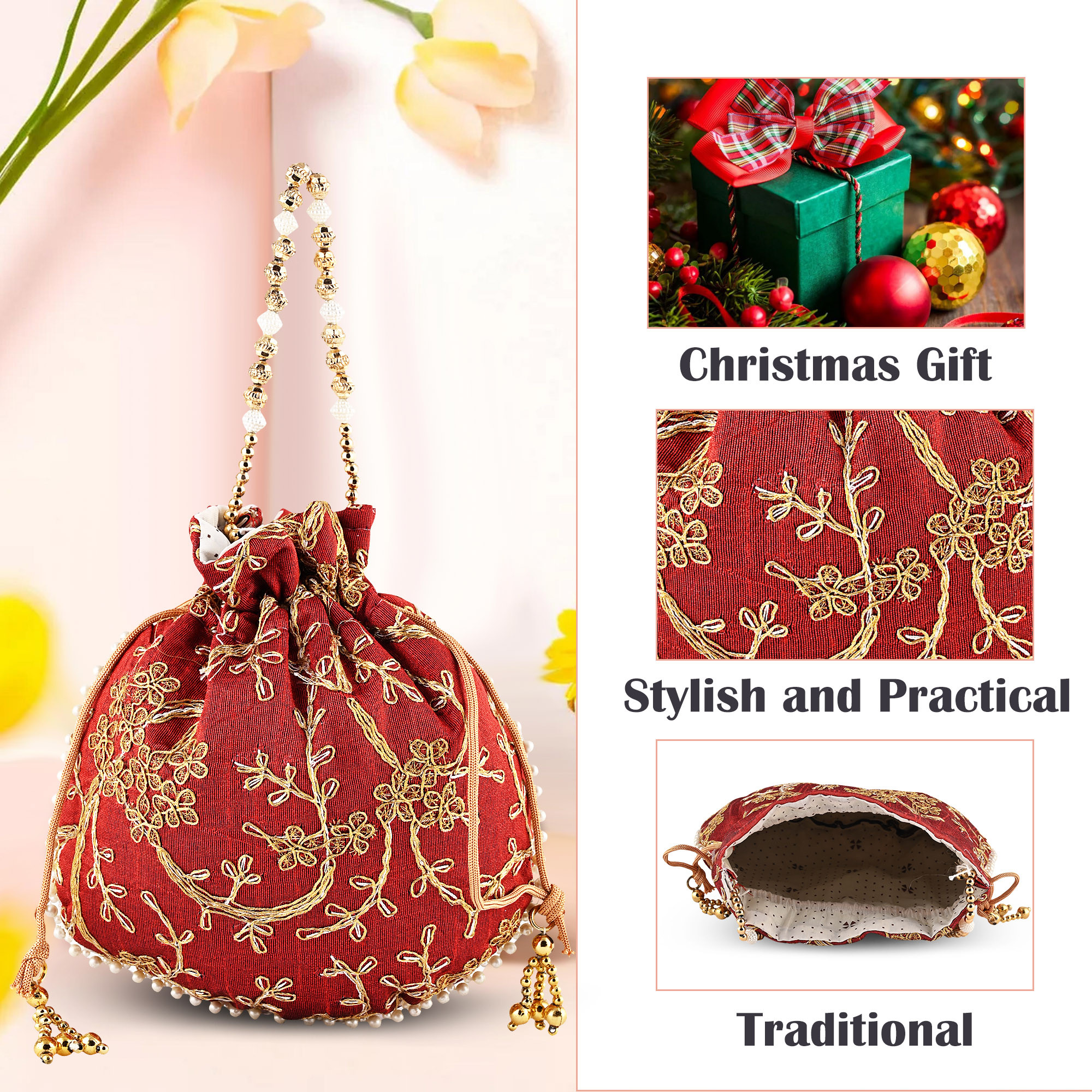 Kuber Industries Potli Bags for Ladies  Girls  Women Shagun Pouches for Festive Seasons  Batwa Bag Bridal Purse With Embroidery -Maroon