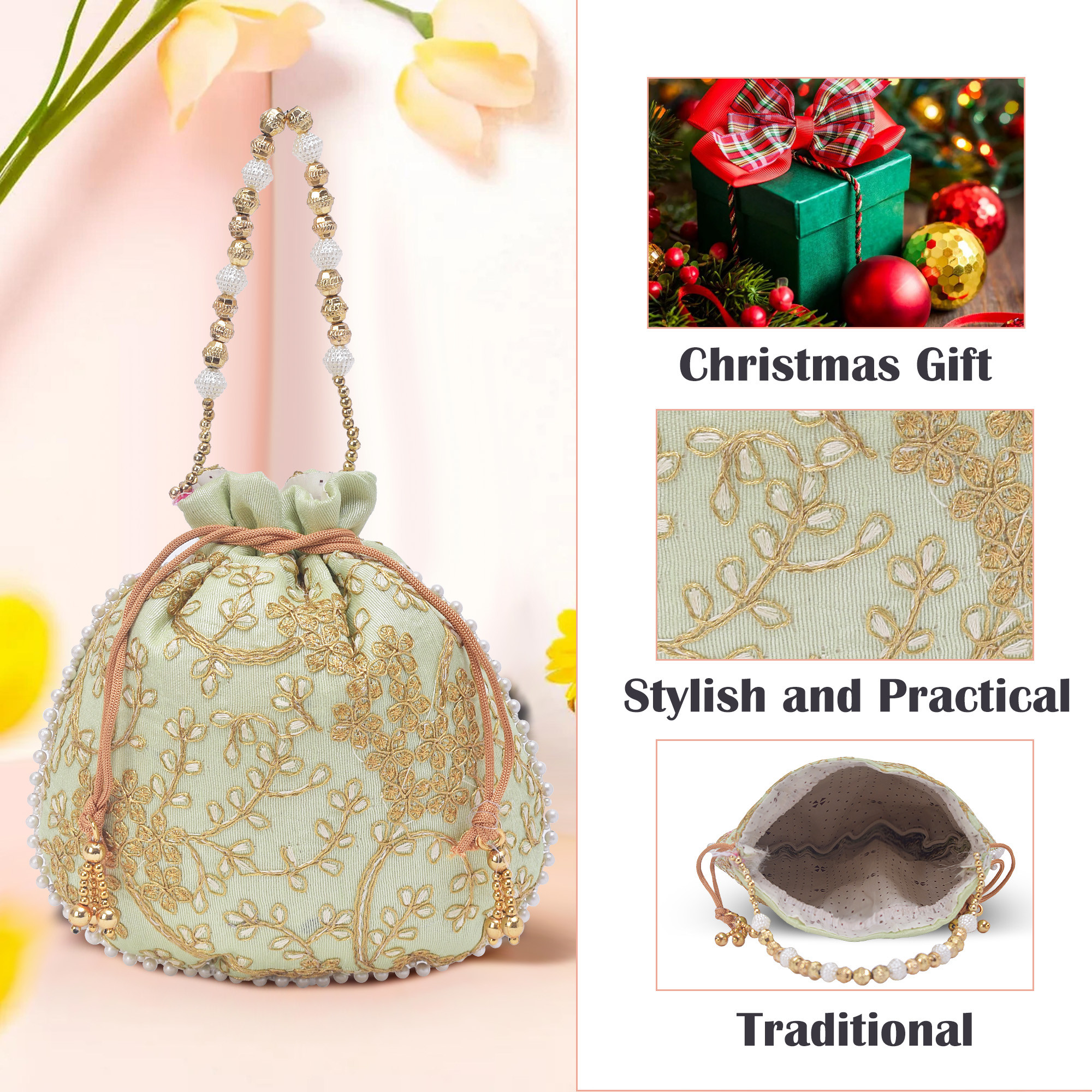 Kuber Industries Potli Bags for Ladies  Girls  Women Shagun Pouches for Festive Seasons  Batwa Bag Bridal Purse With Embroidery -Green