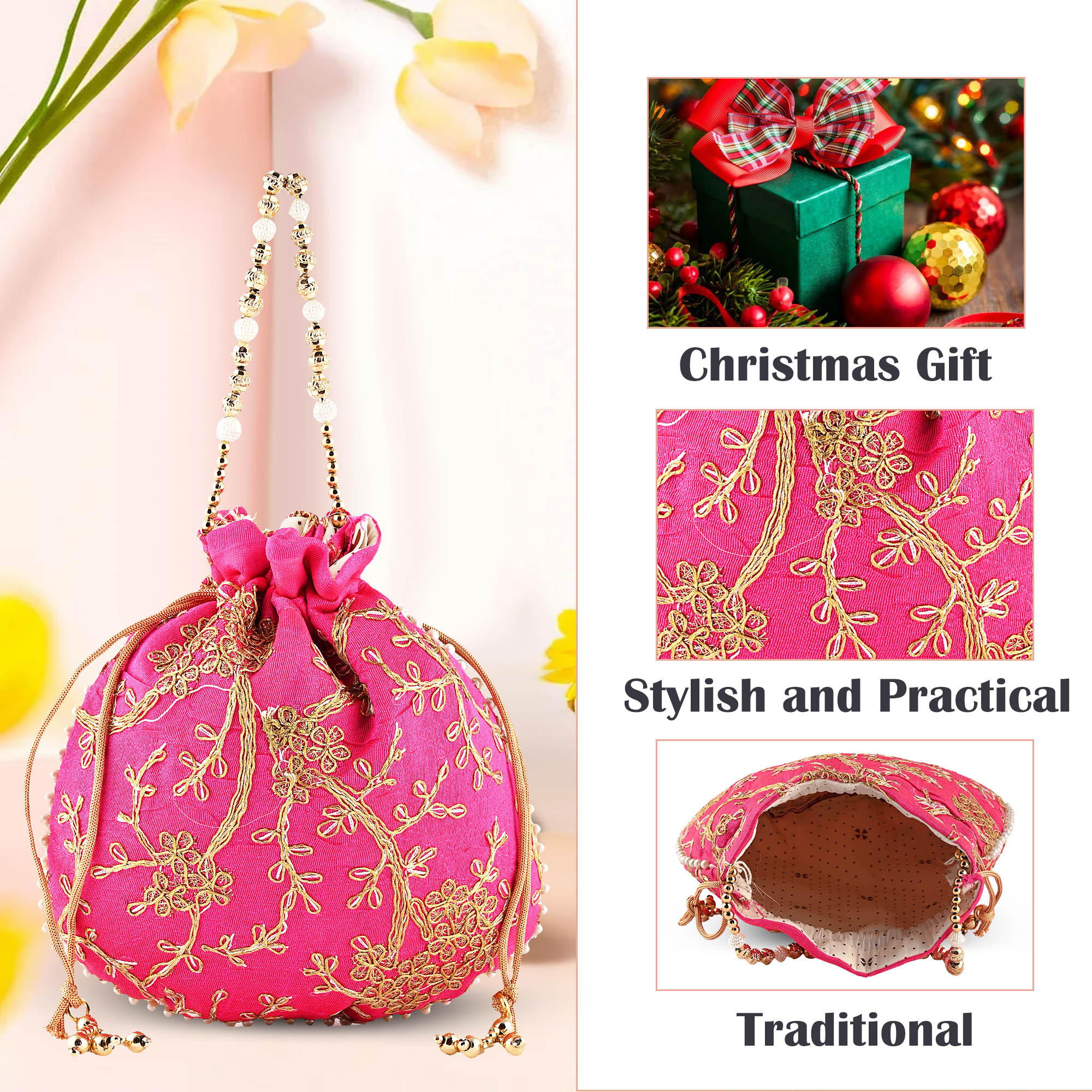 Kuber Industries Potli Bags for Ladies  Girls  Women Shagun Pouches for Festive Seasons  Batwa Bag Bridal Purse With Embroidery -Pink