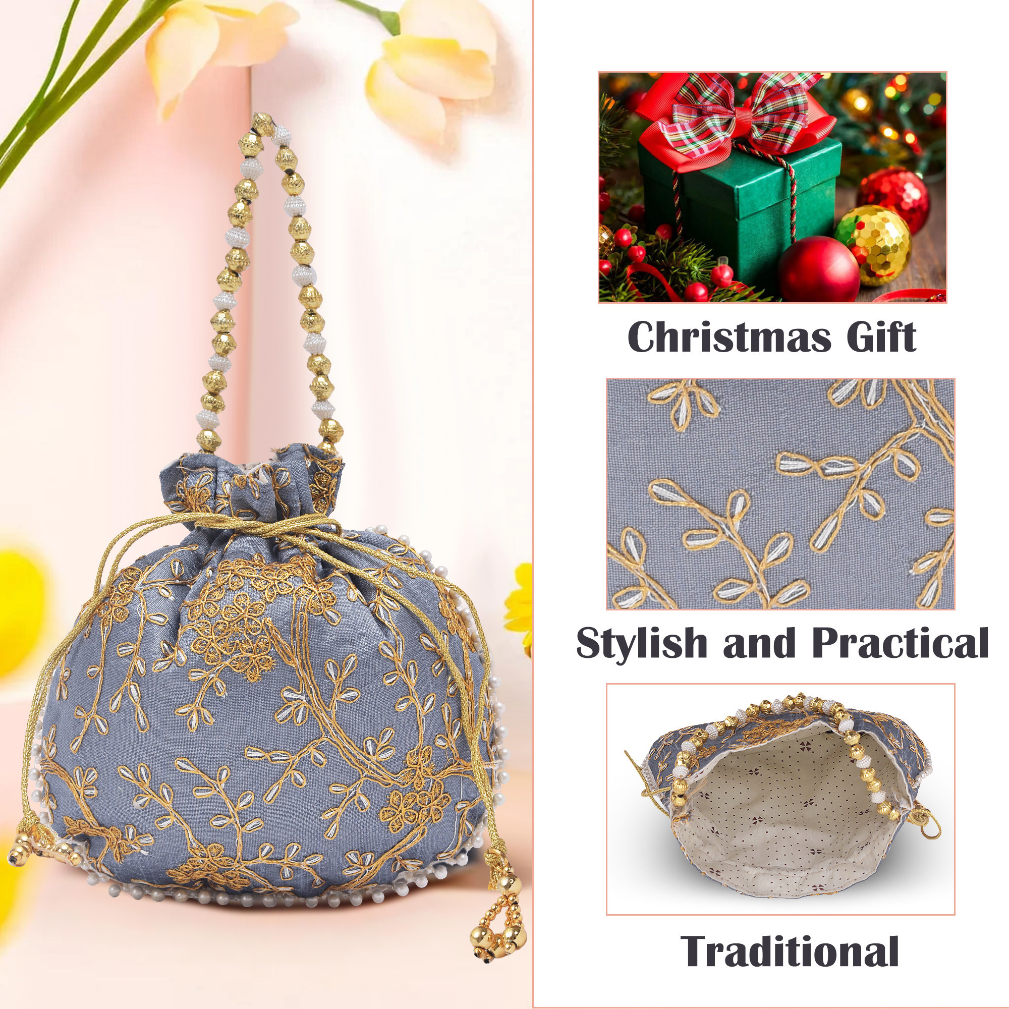 Kuber Industries Potli Bags for Ladies  Girls  Women Shagun Pouches for Festive Seasons  Batwa Bag Bridal Purse With Embroidery -Grey