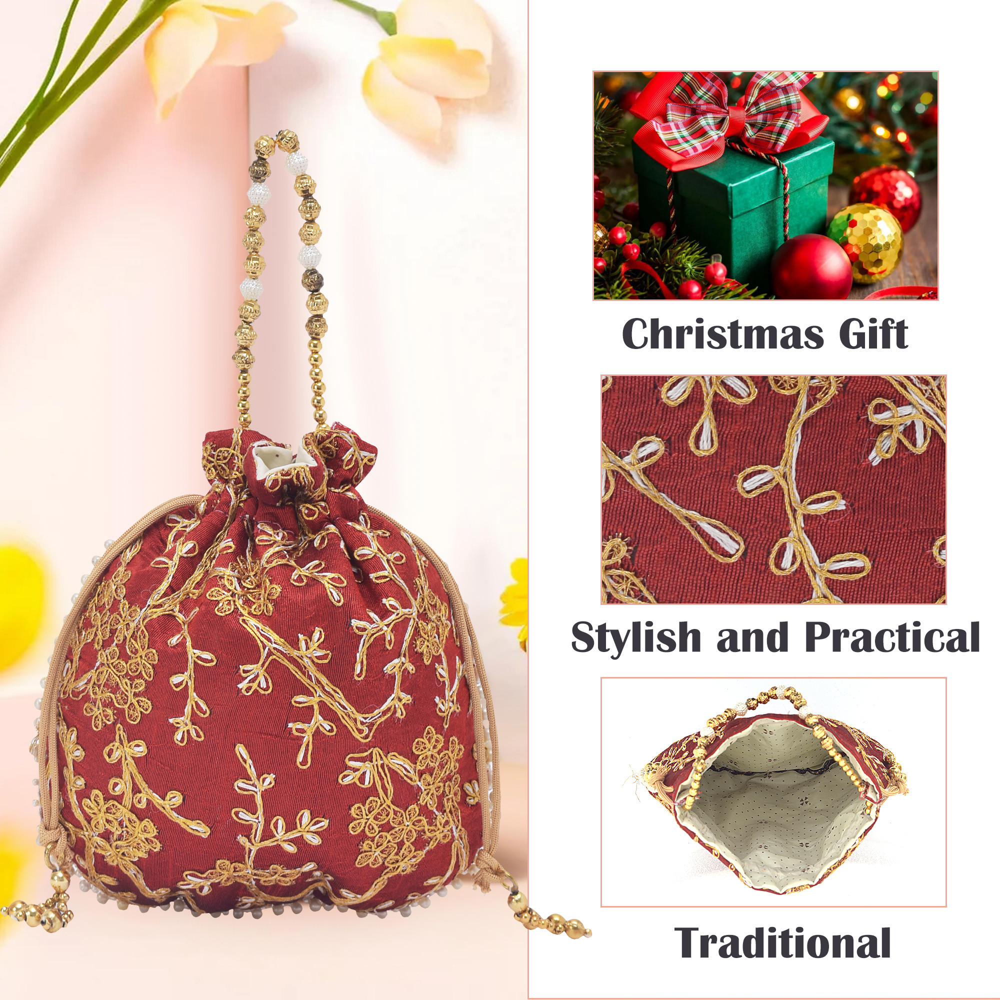 Kuber Industries Potli Bags for Ladies  Girls  Women Shagun Pouches for Festive Seasons  Batwa Bag Bridal Purse With Embroidery -Red