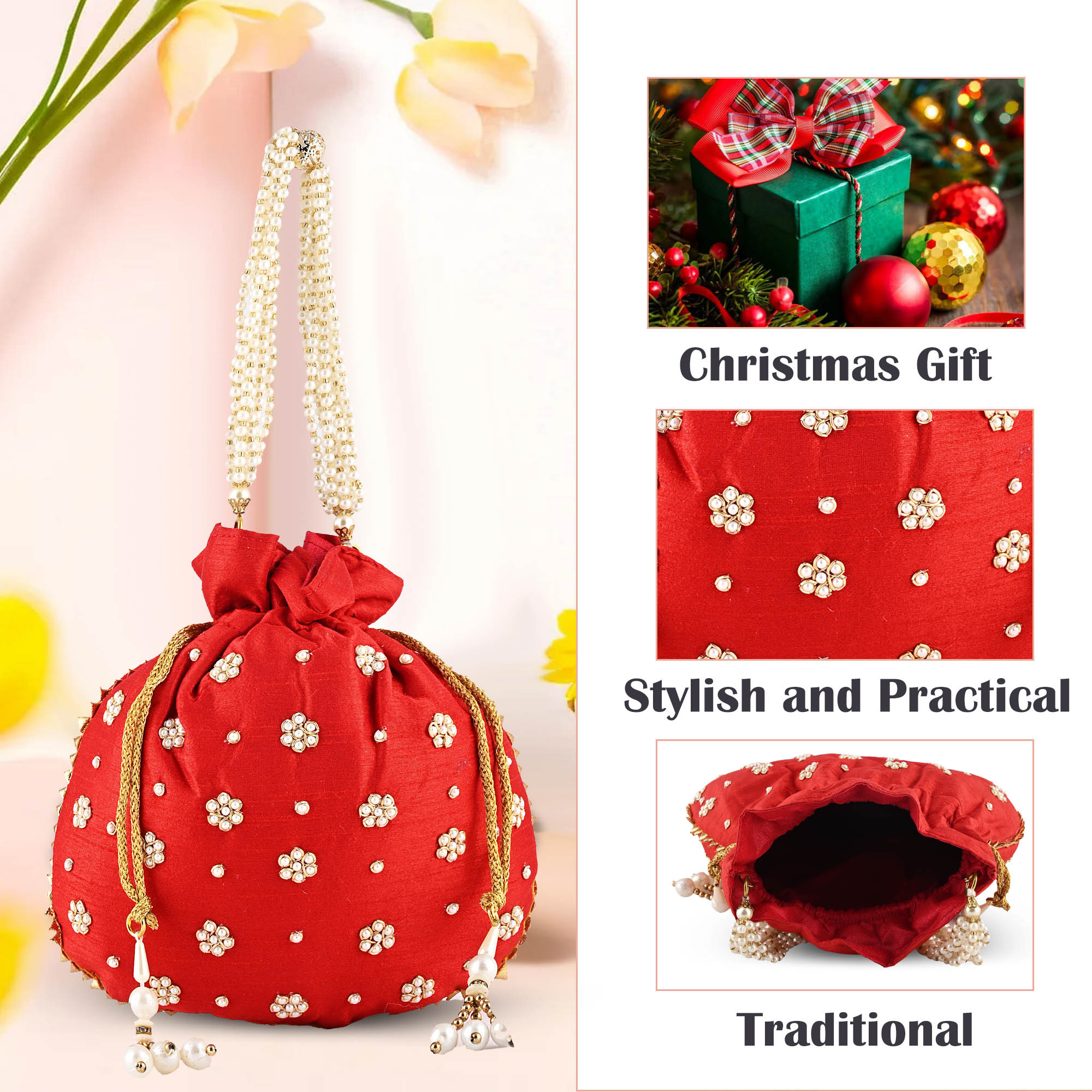 Kuber Industries Potli Bags for Ladies  Girls  Women Shagun Pouches for Festive Seasons  Batwa Bag Bridal Purse With Moti Design - Pink