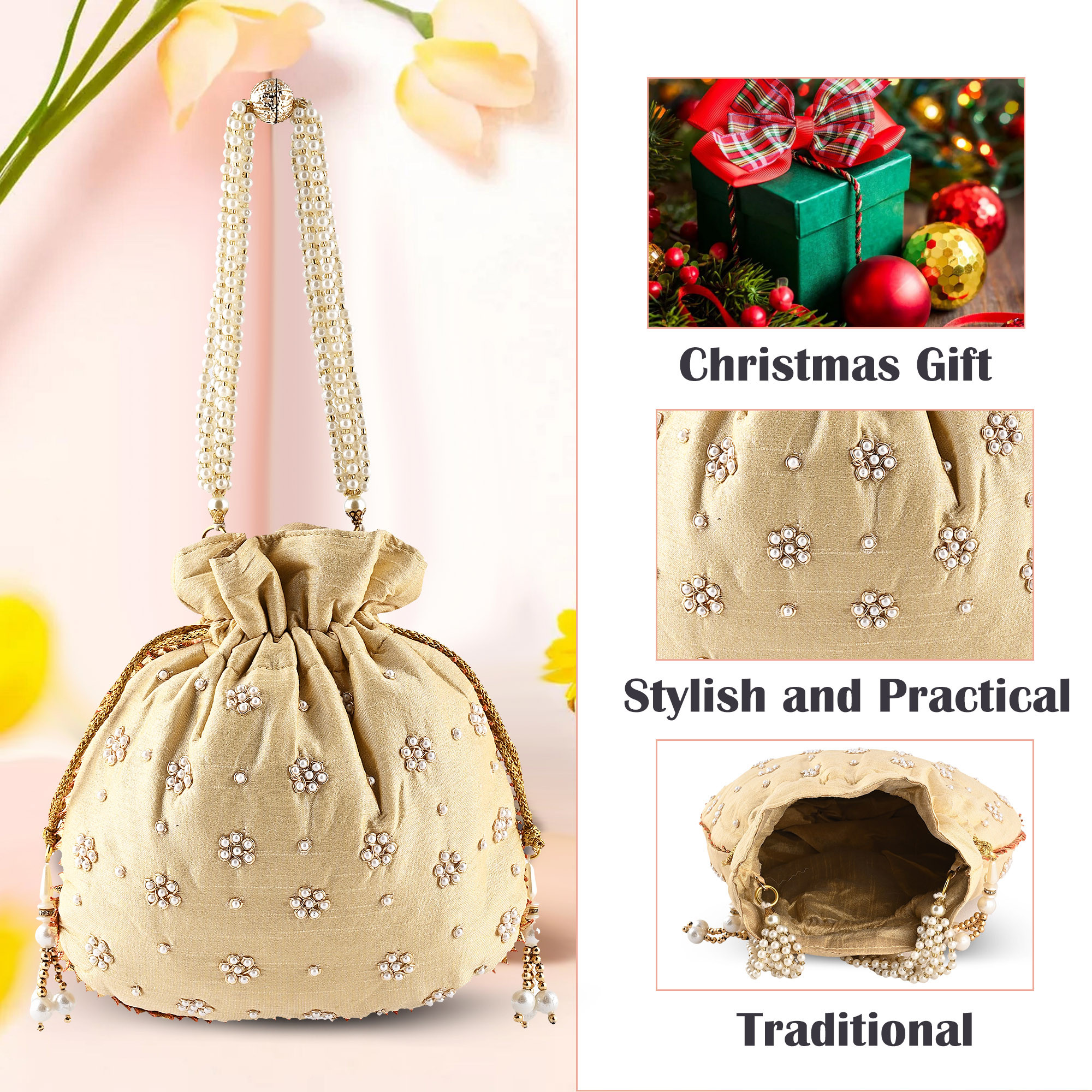 Kuber Industries Potli Bags for Ladies  Girls  Women Shagun Pouches for Festive Seasons  Batwa Bag Bridal Purse With Moti Design - Golden