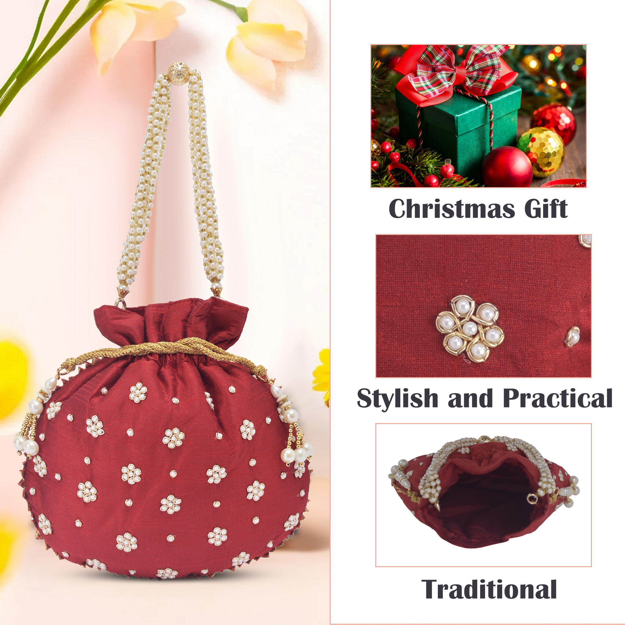 Kuber Industries Potli Bags for Ladies  Girls  Women Shagun Pouches for Festive Seasons  Batwa Bag Bridal Purse With Moti Design - Maroon