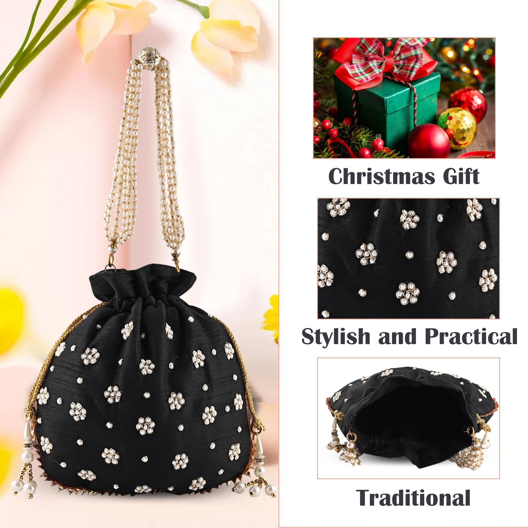 Kuber Industries Potli Bags for Ladies  Girls  Women Shagun Pouches for Festive Seasons  Batwa Bag Bridal Purse With Moti Design - Black
