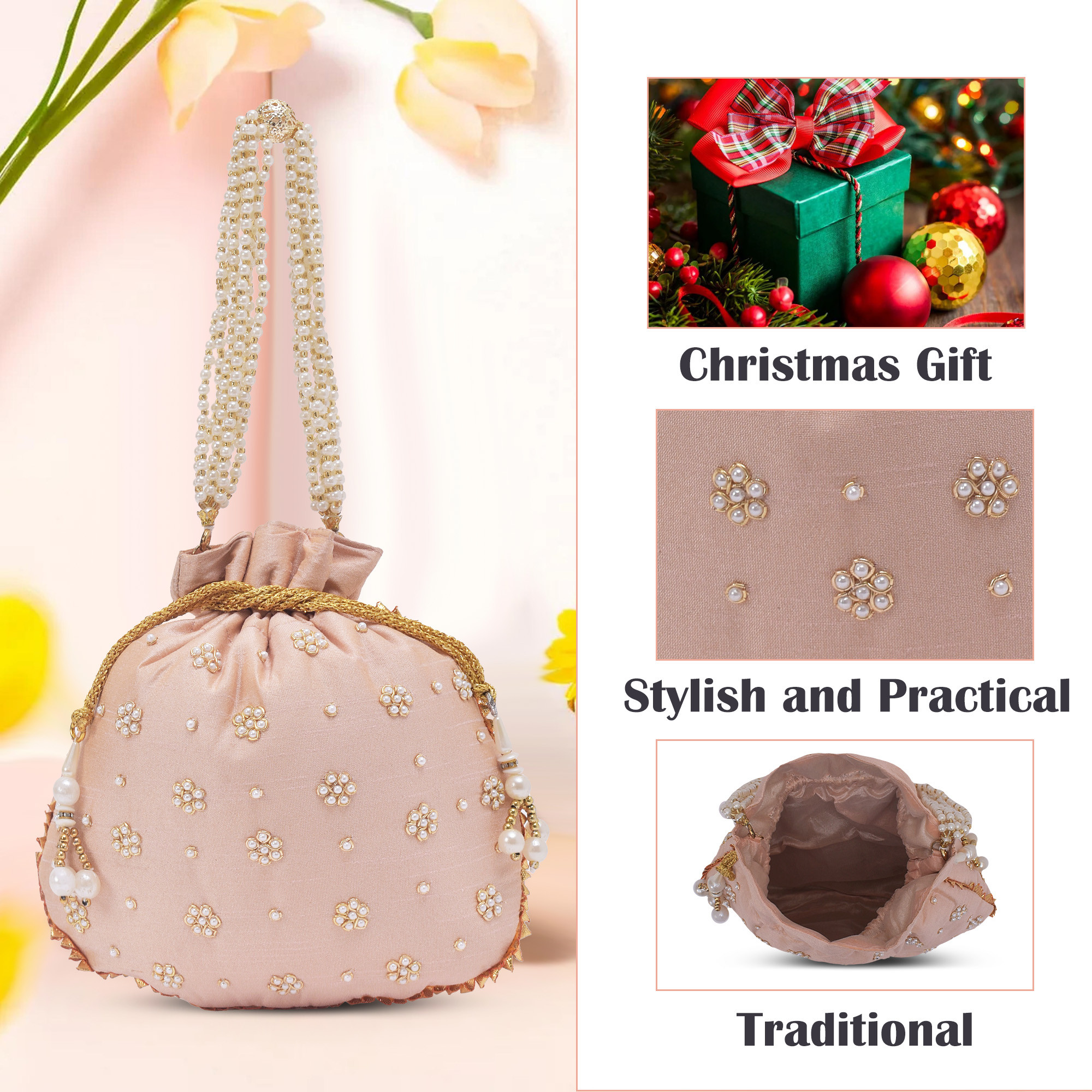 Kuber Industries Potli Bags for Ladies  Girls  Women Shagun Pouches for Festive Seasons  Batwa Bag Bridal Purse With Moti Design - Peach