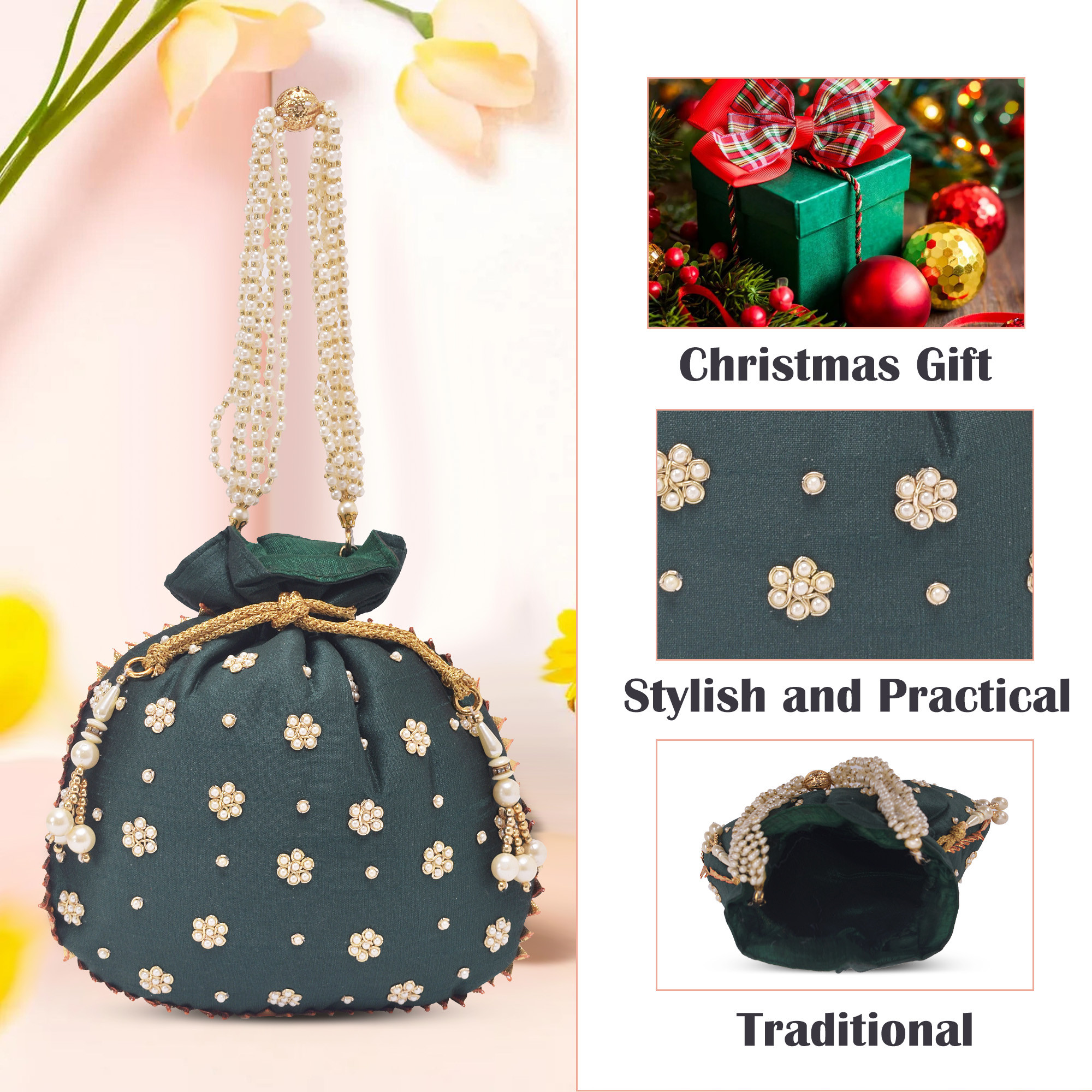 Kuber Industries Potli Bags for Ladies  Girls  Women Shagun Pouches for Festive Seasons  Batwa Bag Bridal Purse With Moti Design - Dark Green