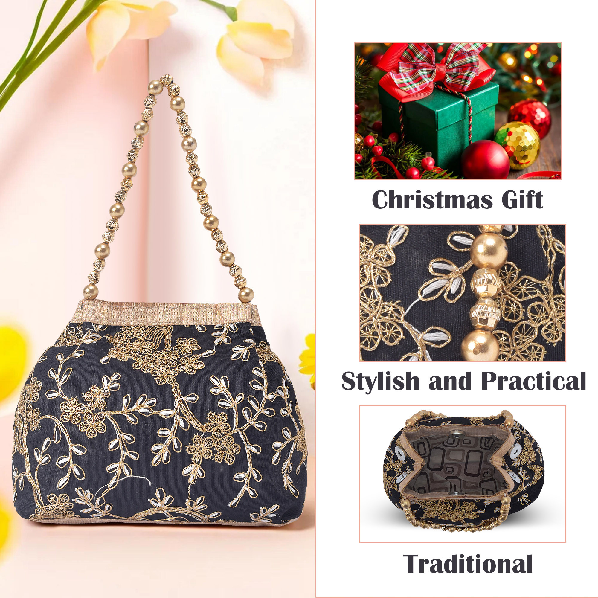 Kuber Industries Potli Bags for Ladies  Girls  Women Shagun Pouches for Festive Seasons  Batwa Bag Bridal Purse  Moti  Embroidery- Black
