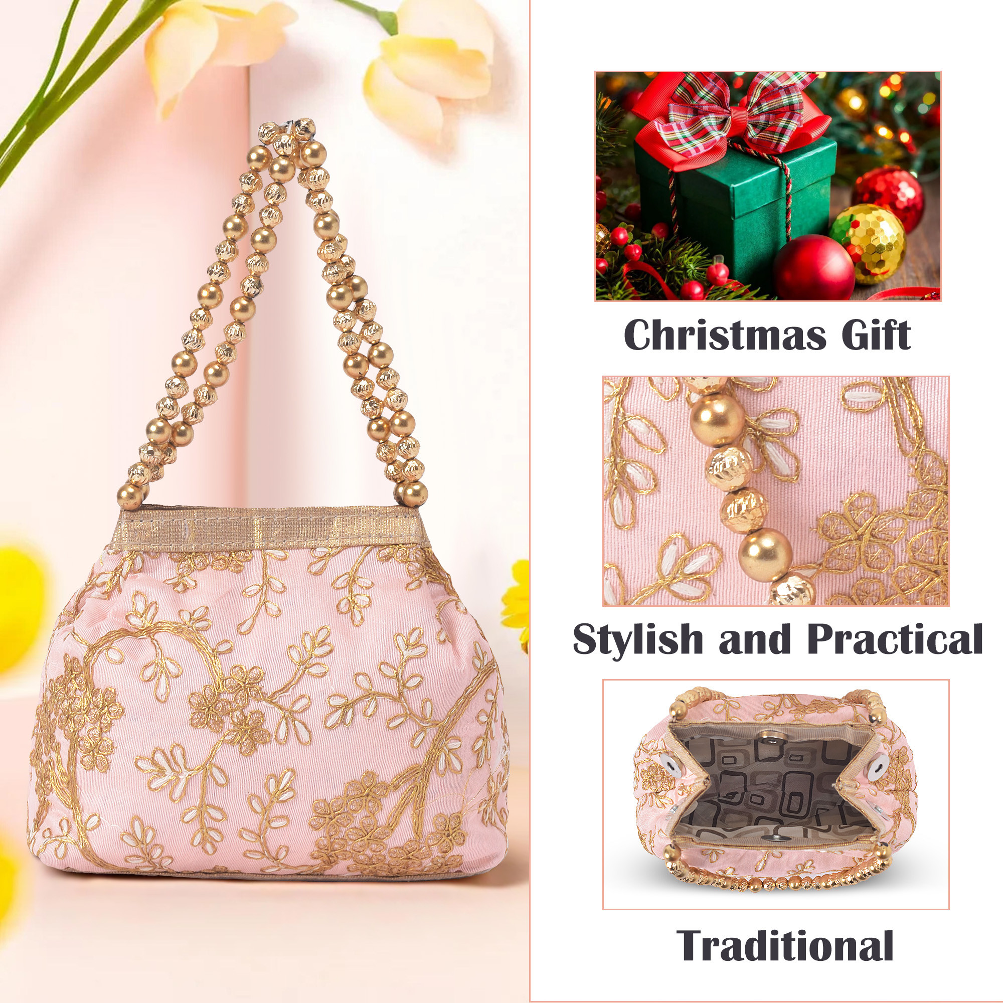 Kuber Industries Potli Bags for Ladies  Girls  Women Shagun Pouches for Festive Seasons  Batwa Bag Bridal Purse  Moti  Embroidery- Peach