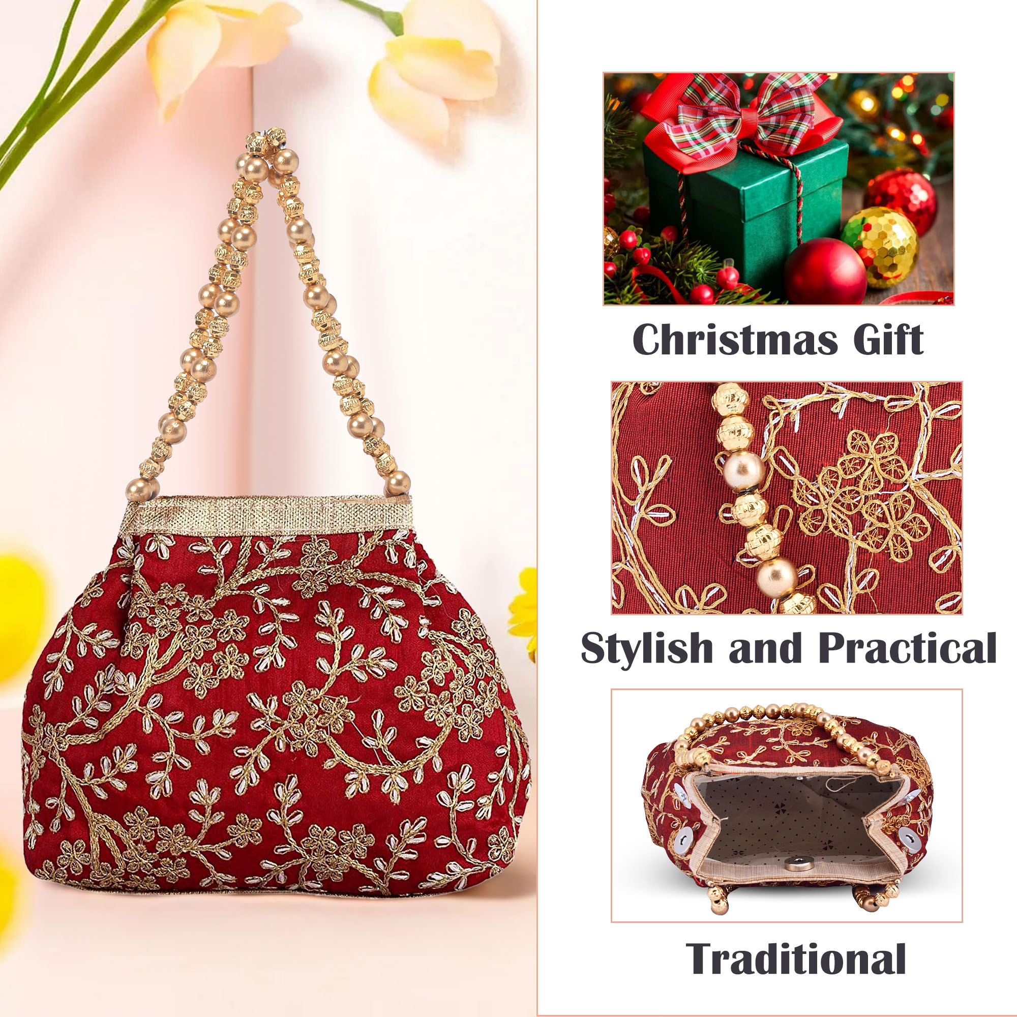 Kuber Industries Potli Bags for Ladies  Girls  Women Shagun Pouches for Festive Seasons  Batwa Bag Bridal Purse  Moti  Embroidery- Maroon