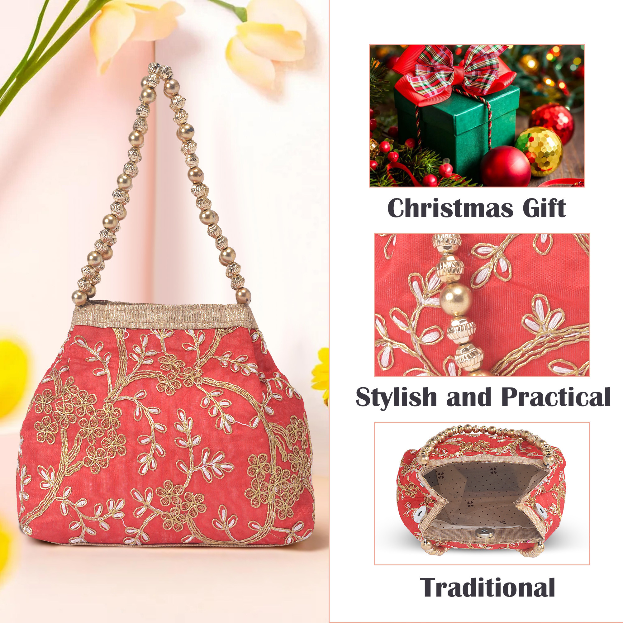 Kuber Industries Potli Bags for Ladies  Girls  Women Shagun Pouches for Festive Seasons  Batwa Bag Bridal Purse  Moti  Embroidery - Red