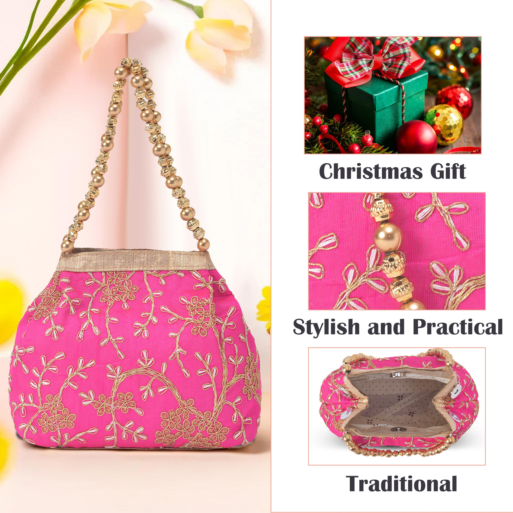 Kuber Industries Potli Bags for Ladies  Girls  Women Shagun Pouches for Festive Seasons  Batwa Bag Bridal Purse  Moti  Embroidery- Pink