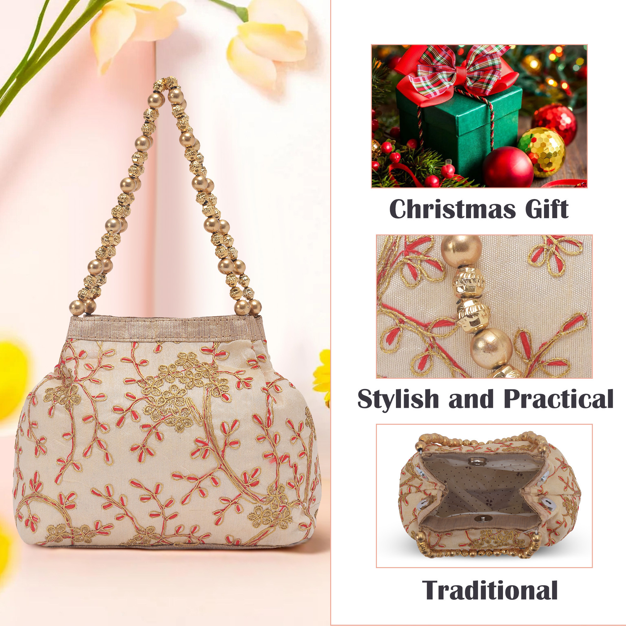 Kuber Industries Potli Bags for Ladies  Girls  Women Shagun Pouches for Festive Seasons  Batwa Bag Bridal Purse  Moti  Embroidery- Cream