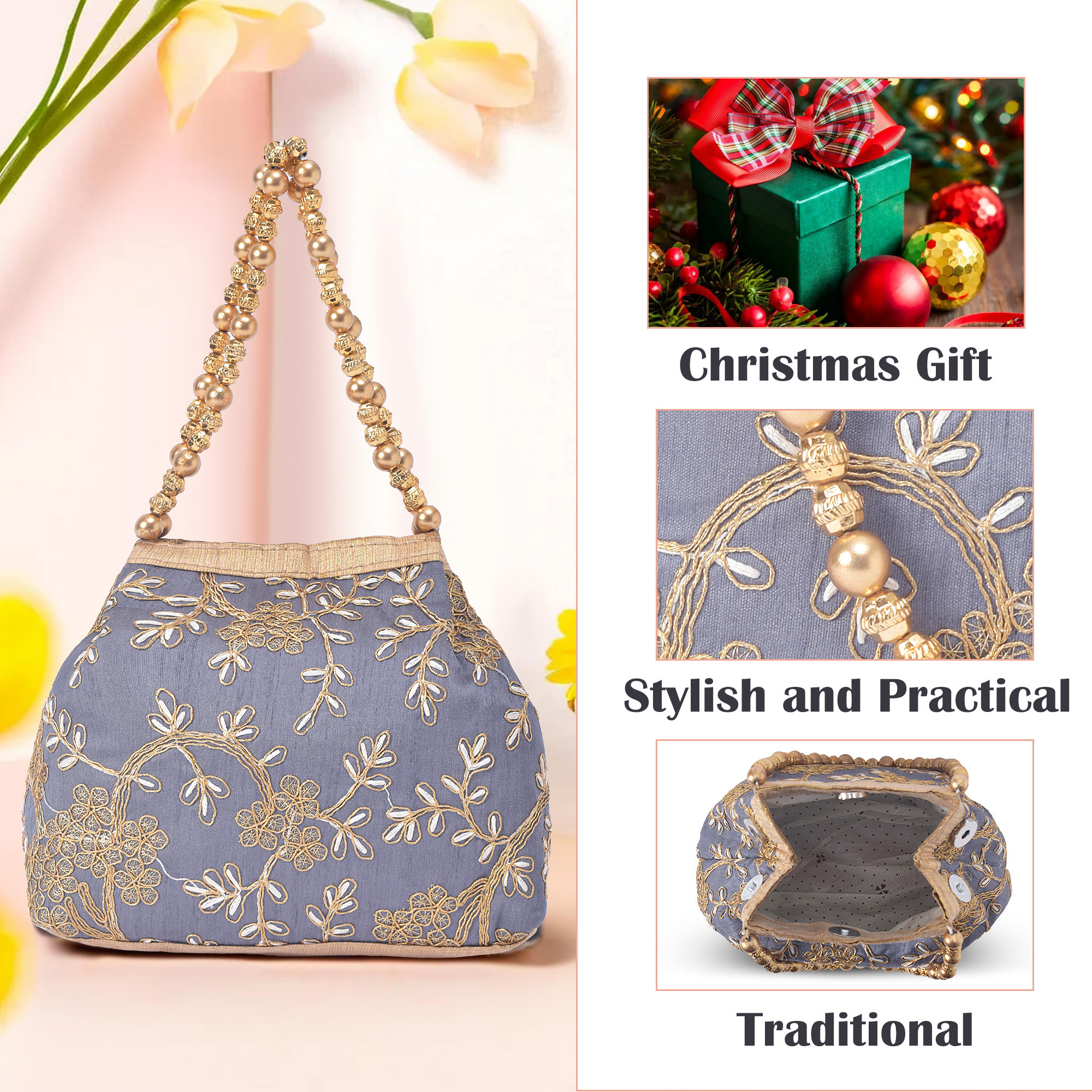 Kuber Industries Potli Bags for Ladies  Girls  Women Shagun Pouches for Festive Seasons  Batwa Bag Bridal Purse  Moti  Embroidery- Grey