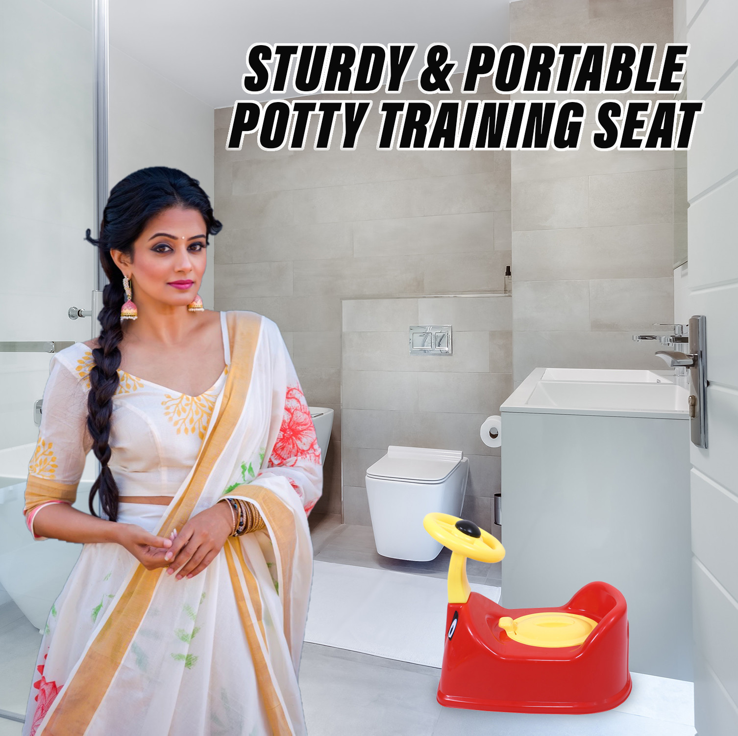 Kuber Industries Potty Toilet Trainer Seat | Plastic Potty Training Seat | Baby Potty Seat | Potty Seat For Child | Potty Training Seat for Kids | Steering Design | Red