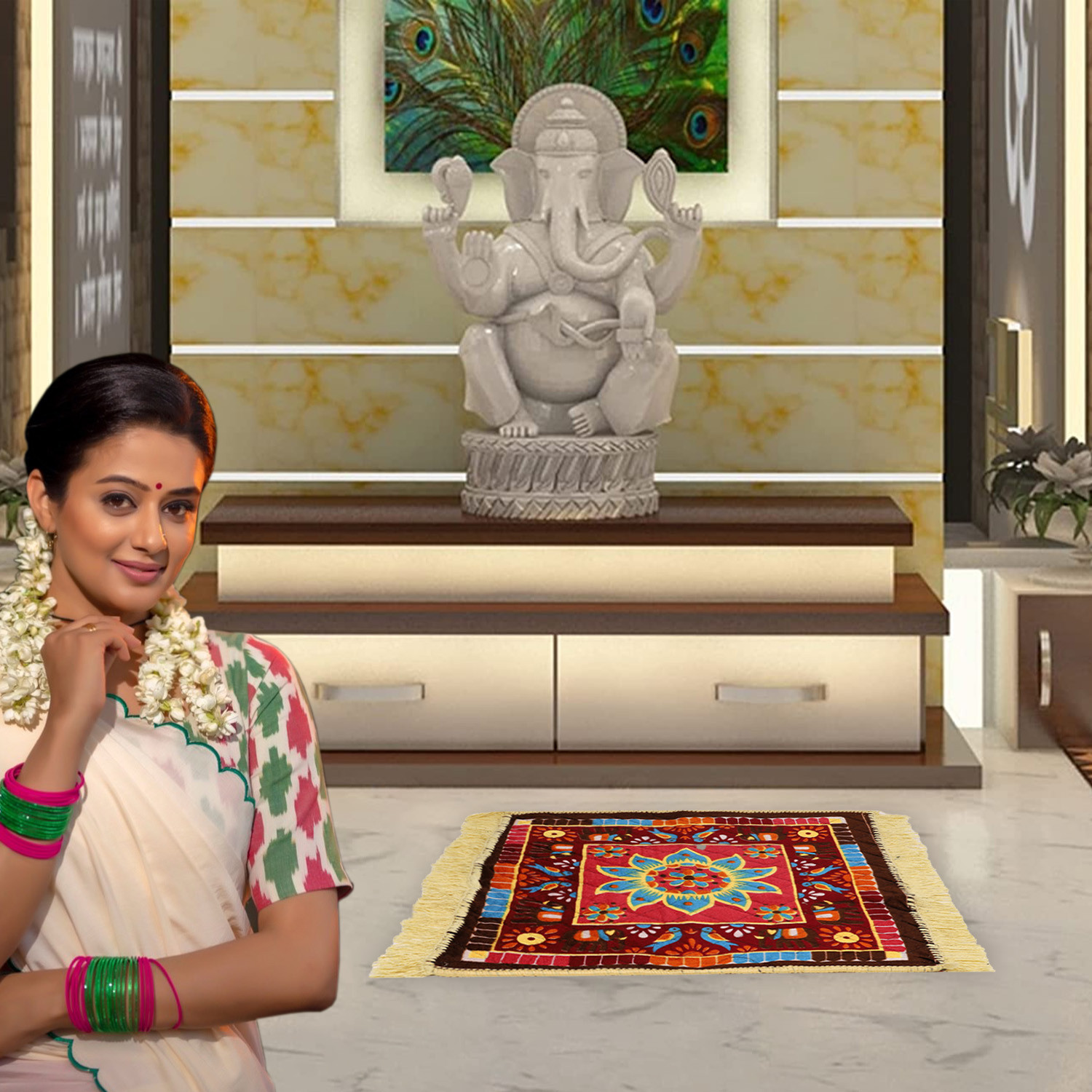 Kuber Industries Prayer Mat  Velvet Aasan Mat  Meditation Prayer Carpet Mat  Pooja Aasan Mat  Check Square Prayer Mat  Traditional Prayer Mat  Small  Multicolor