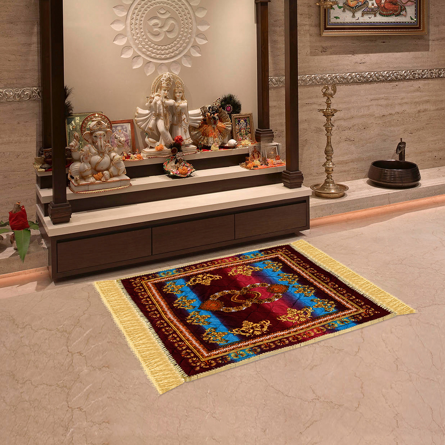 Kuber Industries Prayer Mat  Velvet Aasan Mat  Meditation Prayer Carpet Mat  Pooja Aasan Mat  Flower Square Prayer Mat  Traditional Prayer Mat  Small  Multicolor