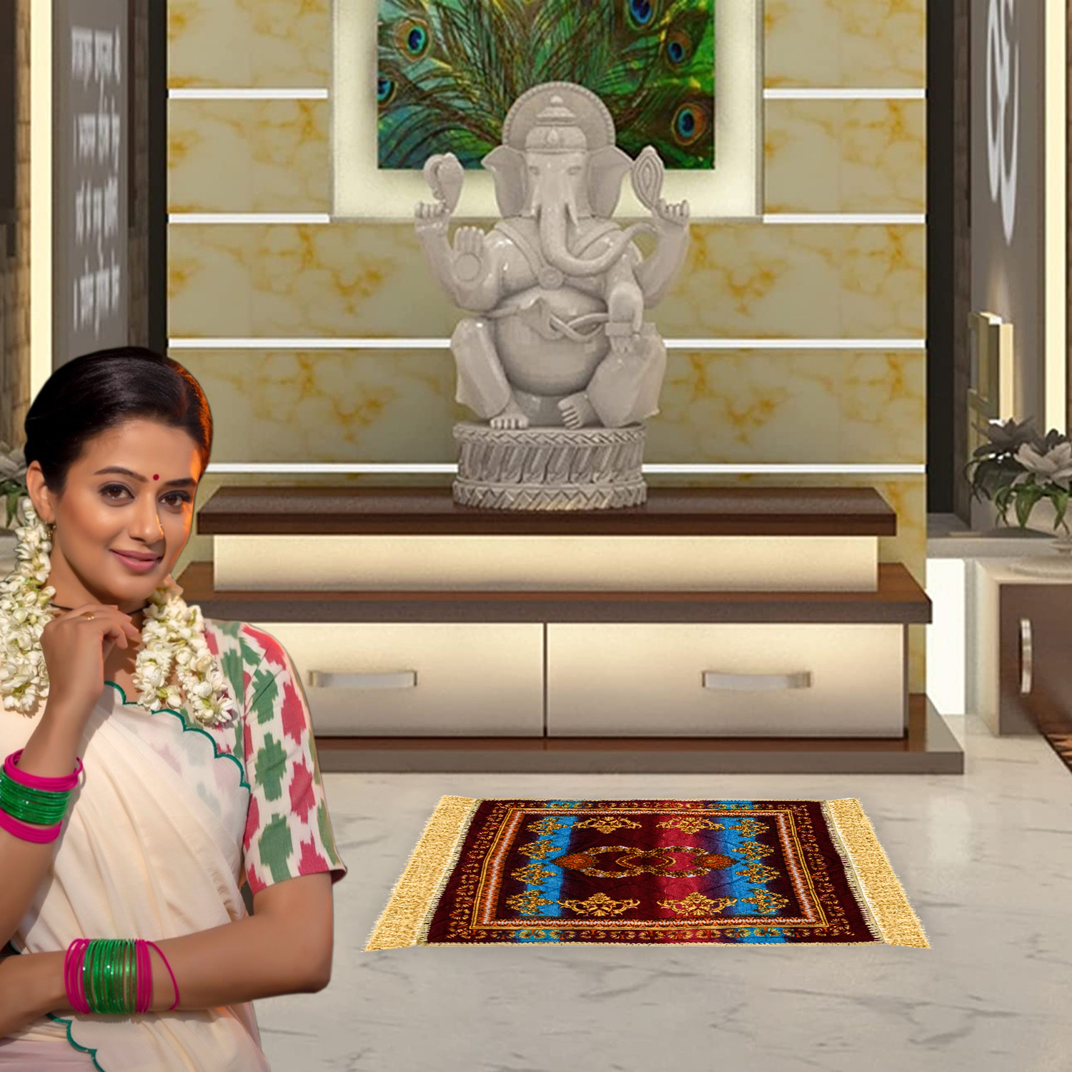 Kuber Industries Prayer Mat  Velvet Aasan Mat  Meditation Prayer Carpet Mat  Pooja Aasan Mat  Flower Square Prayer Mat  Traditional Prayer Mat  Small  Multicolor