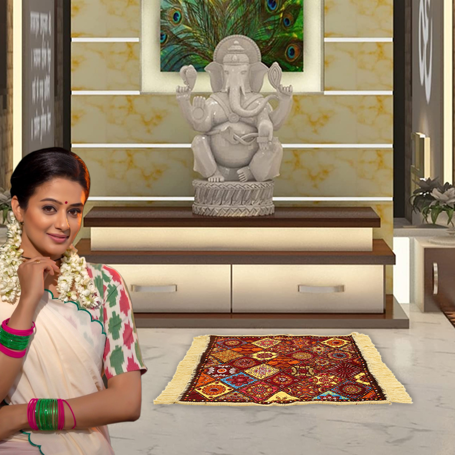 Kuber Industries Prayer Mat  Velvet Aasan Mat  Meditation Prayer Carpet Mat  Pooja Aasan Mat  Rangoli Square Prayer Mat  Traditional Prayer Mat  Small  Multicolor