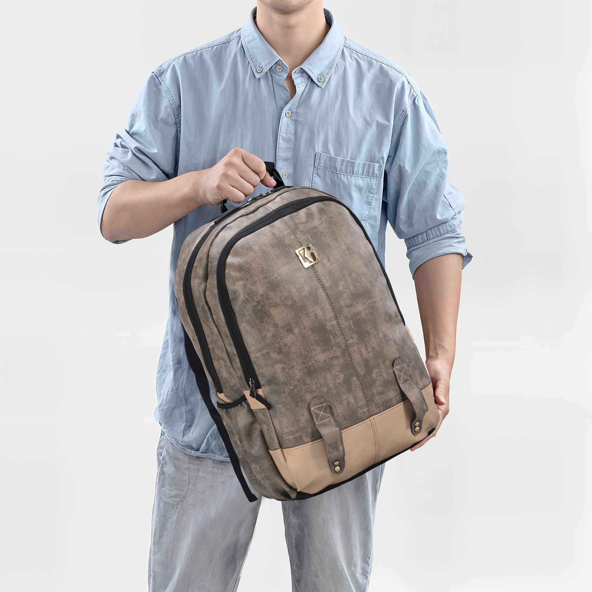 Kuber Industries Premium 25L Faux Leather College Bag for Men Stylish  Travel Office Use Cabin Backpack for Women Boys  Girls  2 Main Compartments Bottle Pocket Laptop Space  Sandstone Brown