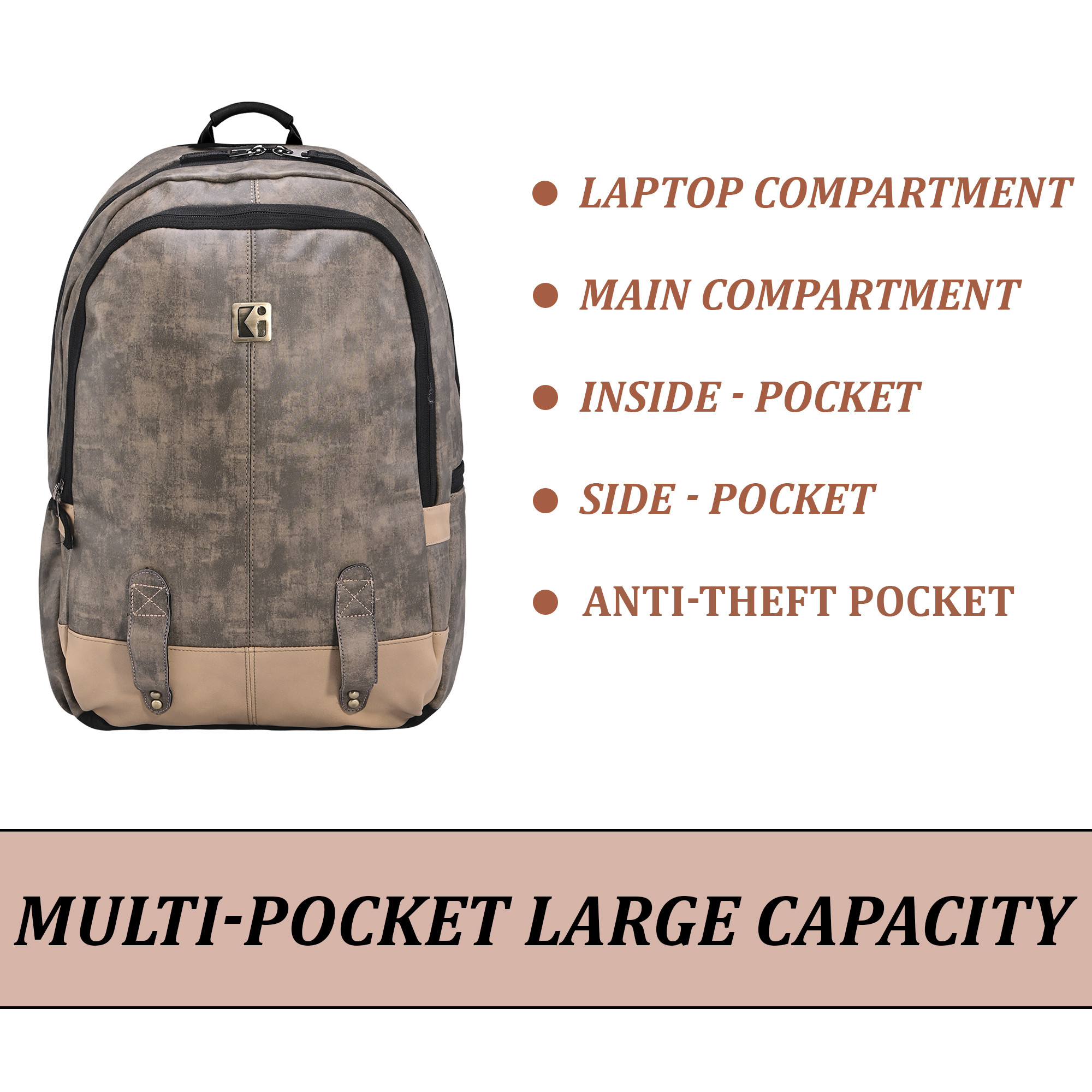 Kuber Industries Premium 25L Faux Leather College Bag for Men Stylish  Travel Office Use Cabin Backpack for Women Boys  Girls  2 Main Compartments Bottle Pocket Laptop Space  Sandstone Brown