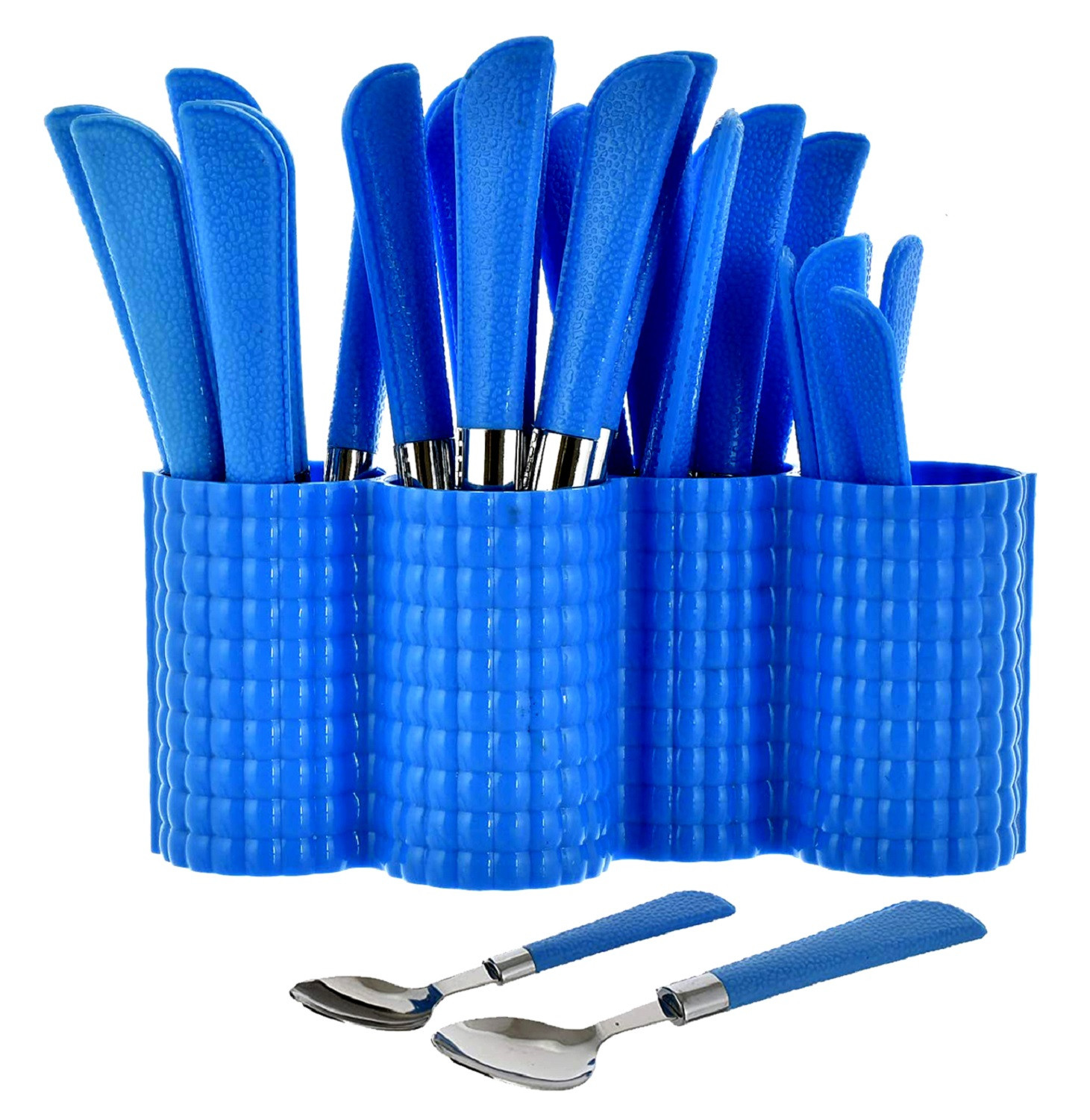 Kuber Industries Premium ABS Plastic & Stainless Steel Cutlery Set With Stand For Kitchen/Dining, Set of 24 (Blue)