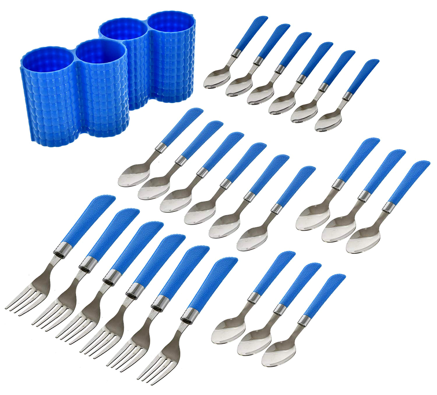 Kuber Industries Premium ABS Plastic & Stainless Steel Cutlery Set With Stand For Kitchen/Dining, Set of 24 (Blue)