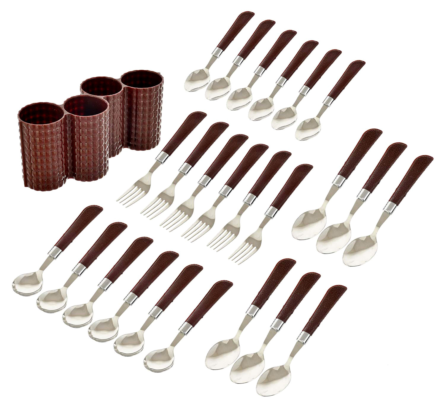 Kuber Industries Premium ABS Plastic & Stainless Steel Cutlery Set With Stand For Kitchen/Dining, Set of 24 (Brown)