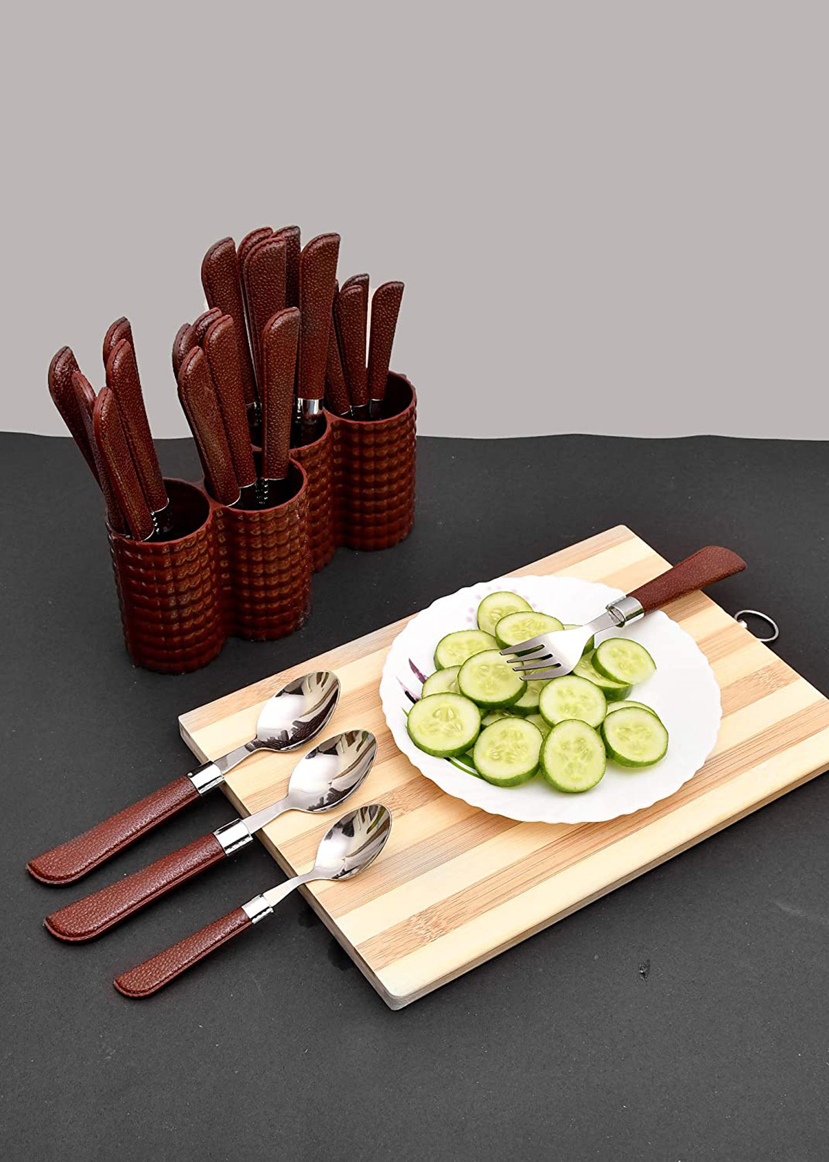 Kuber Industries Premium ABS Plastic & Stainless Steel Cutlery Set With Stand For Kitchen/Dining, Set of 24 (Brown)