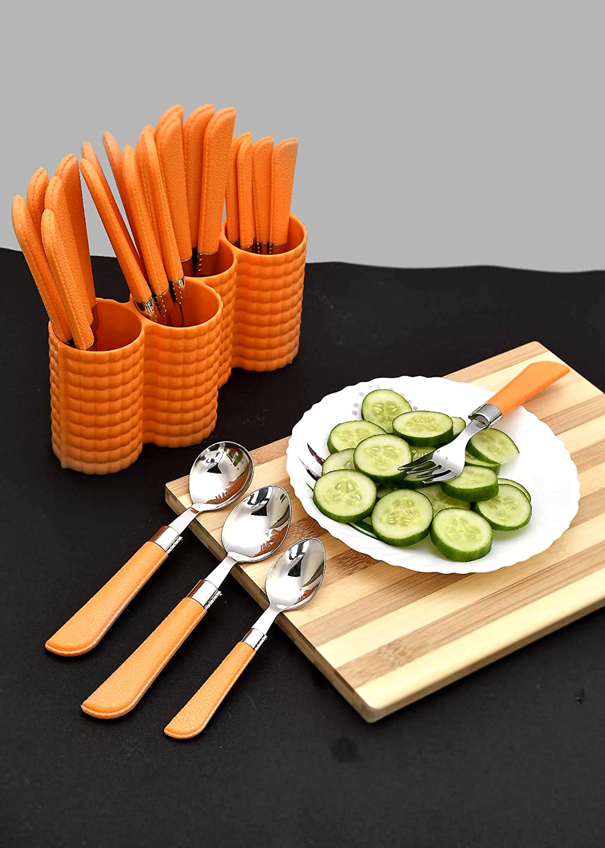 Kuber Industries Premium ABS Plastic & Stainless Steel Cutlery Set With Stand For Kitchen/Dining, Set of 24 (Orange)