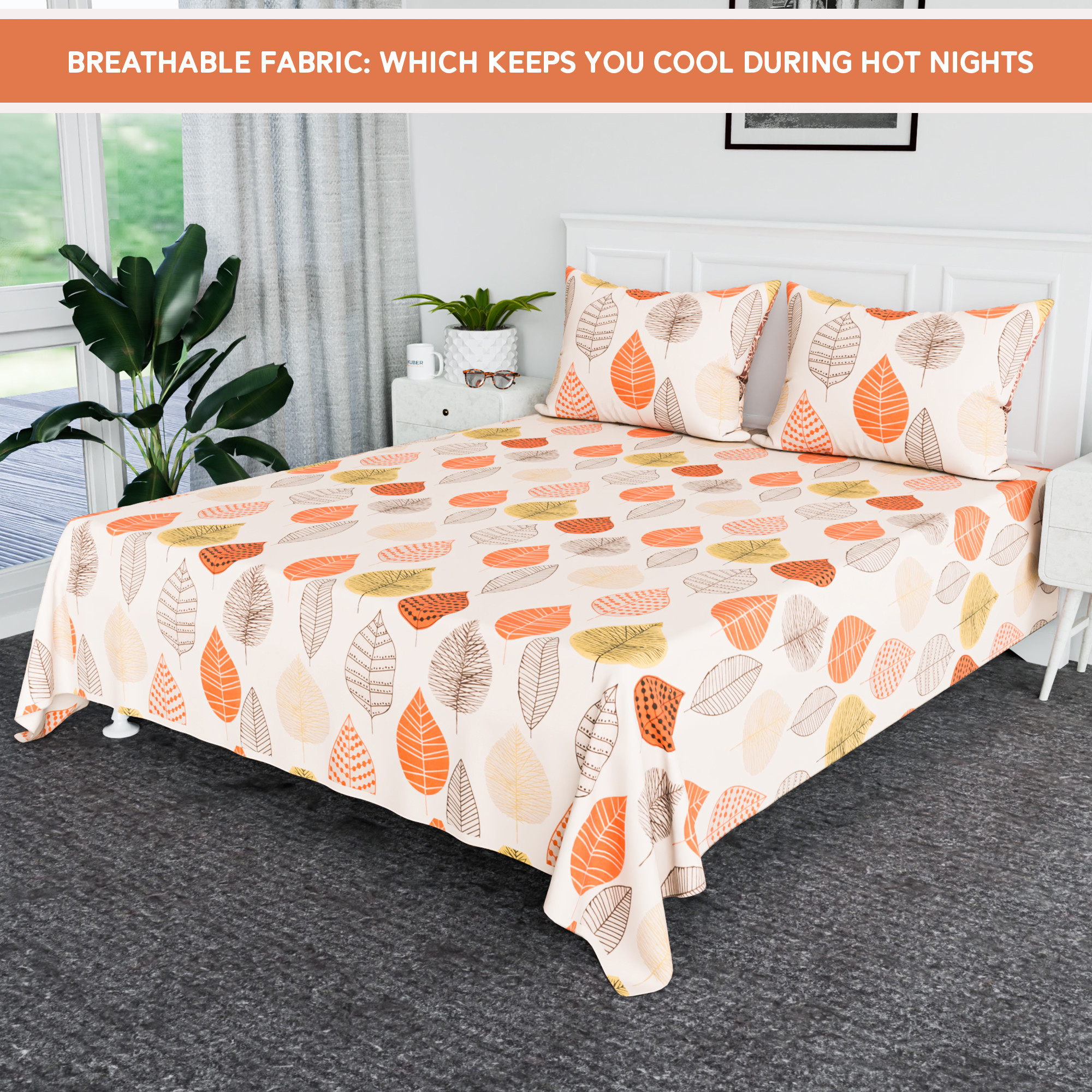 Kuber Industries Premium Cotton Bedsheets For Double Bed With 2 Pillow Covers Included - Leaf Print Bedspread With 90x100 Inch Size - Peach