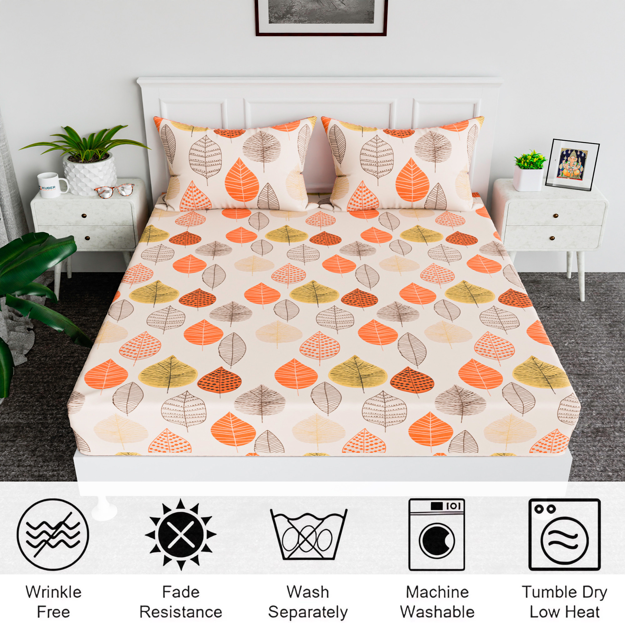 Kuber Industries Premium Cotton Bedsheets For Double Bed With 2 Pillow Covers Included - Leaf Print Bedspread With 90x100 Inch Size - Peach
