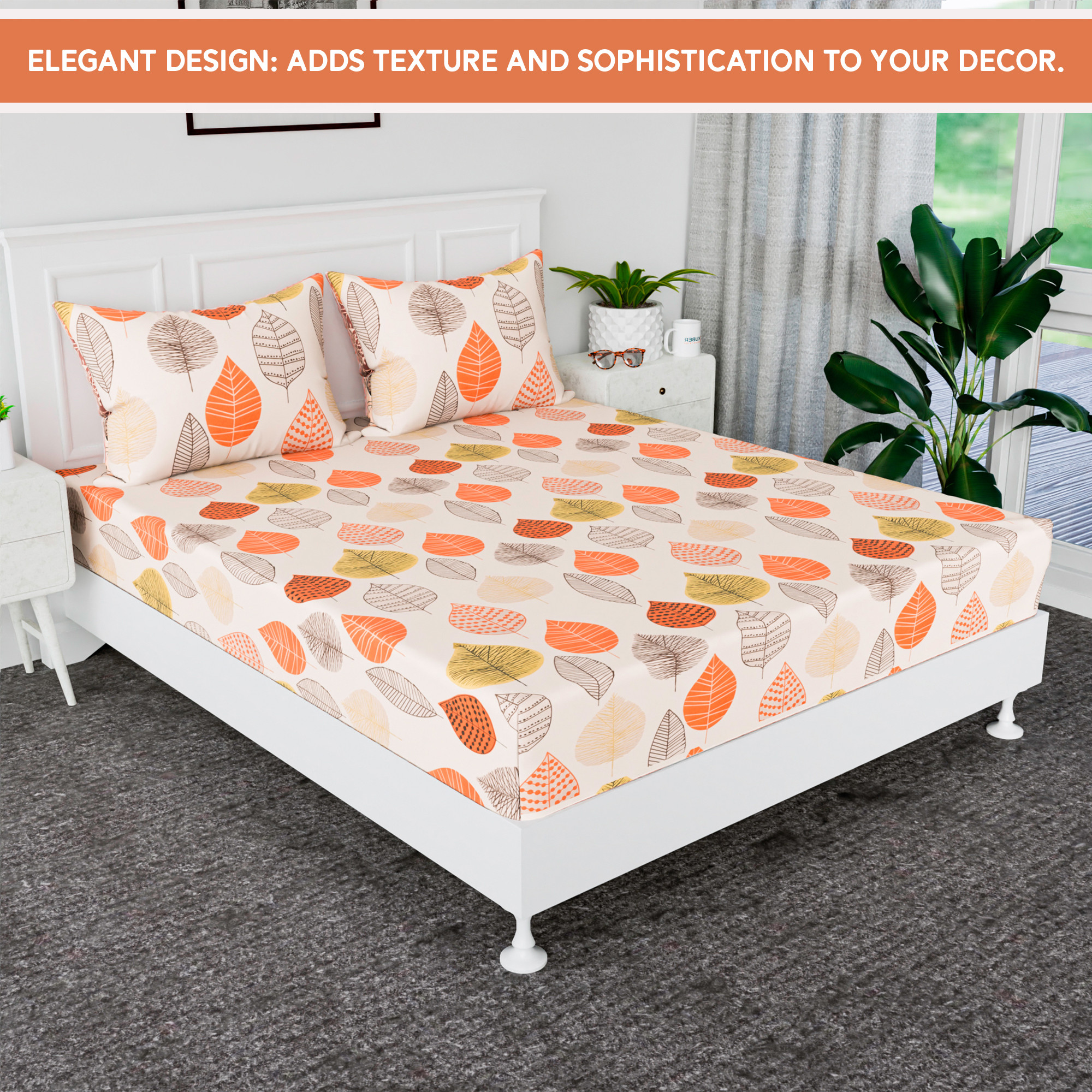 Kuber Industries Premium Cotton Bedsheets For Double Bed With 2 Pillow Covers Included - Leaf Print Bedspread With 90x100 Inch Size - Peach