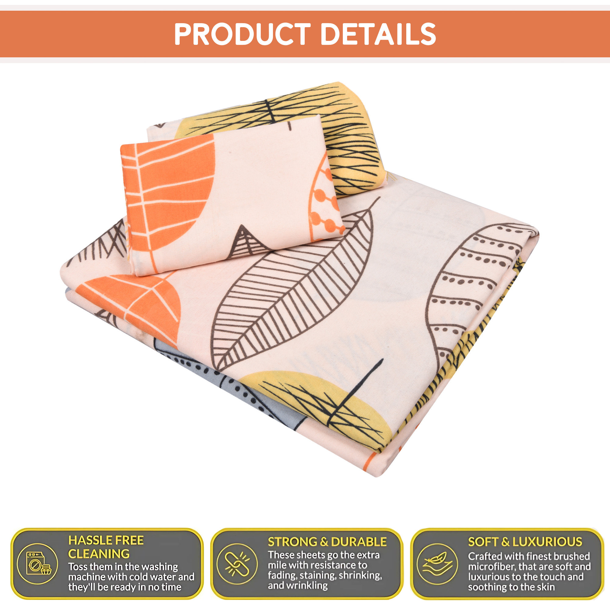 Kuber Industries Premium Cotton Bedsheets For Double Bed With 2 Pillow Covers Included - Leaf Print Bedspread With 90x100 Inch Size - Peach