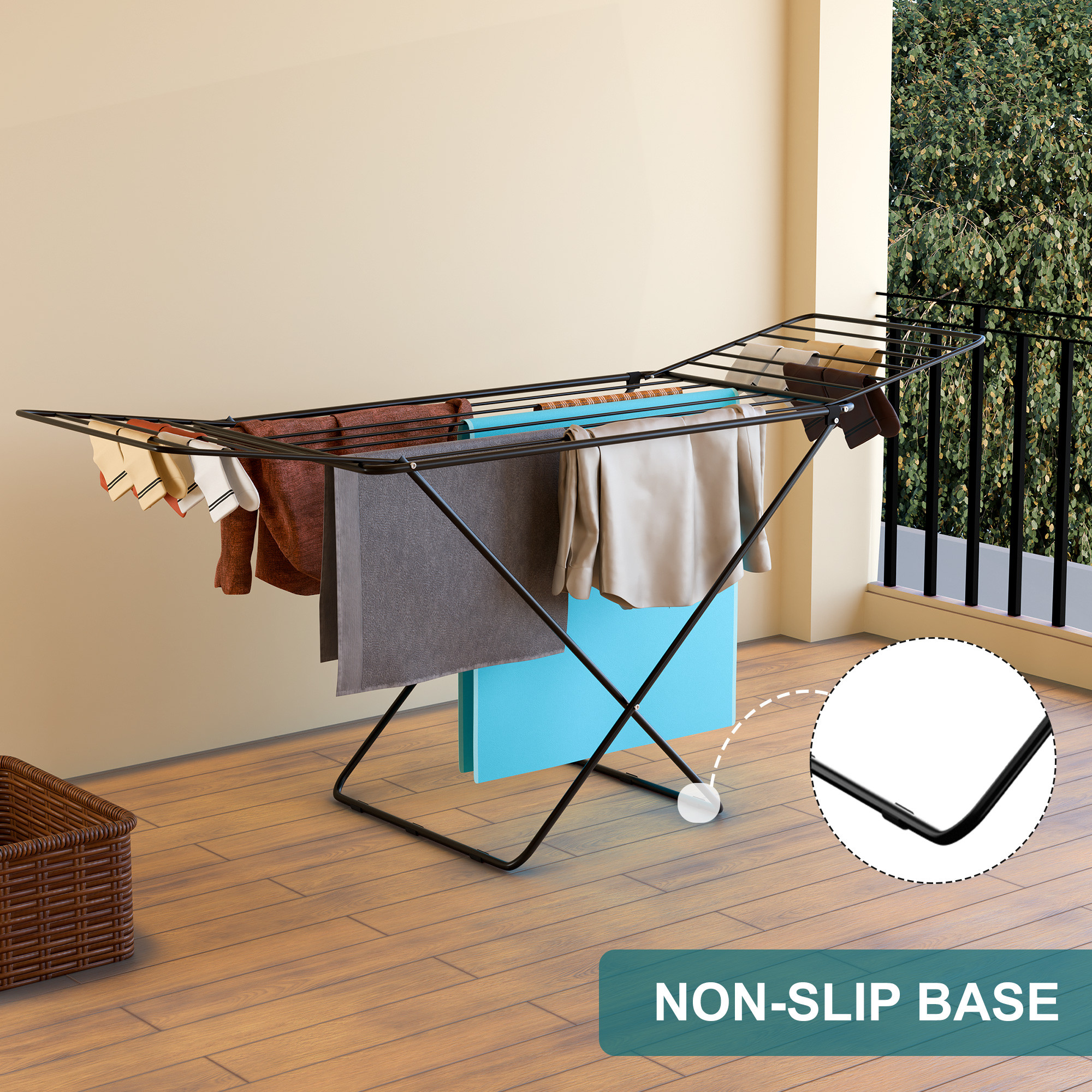 Kuber Industries Premium Extra Strong 58 kg Metal Clothes Drying Stand for Dryer Cloth  Double Drying Racks for Clothes Balcony Living Room  Foldable Cloth Stand with 16 Hanger Rods  Black