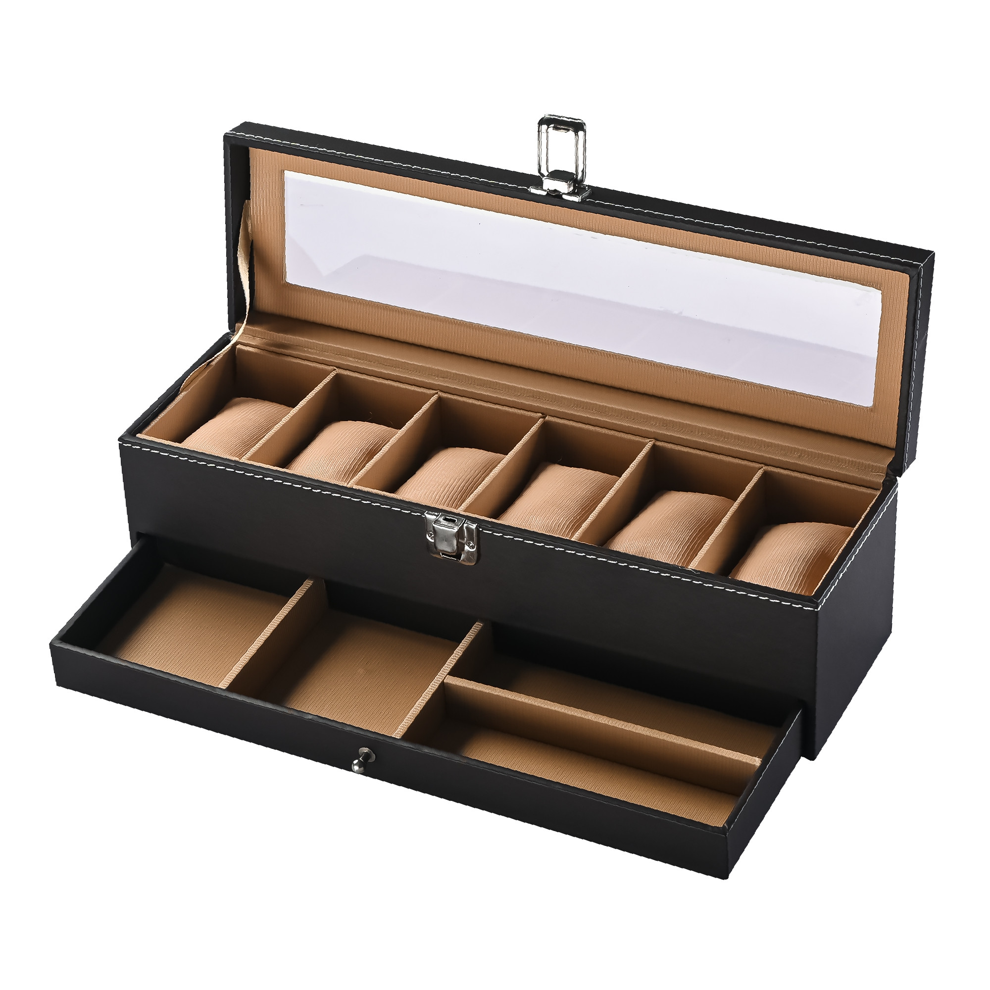 Kuber Industries Premium Faux Leather See Through  Wrist Watch Organiser Box for Men  Women  Multi Compartment Sliding Drawer for Small Accessories  Watches Collection BoxHolder  Brown  Golden