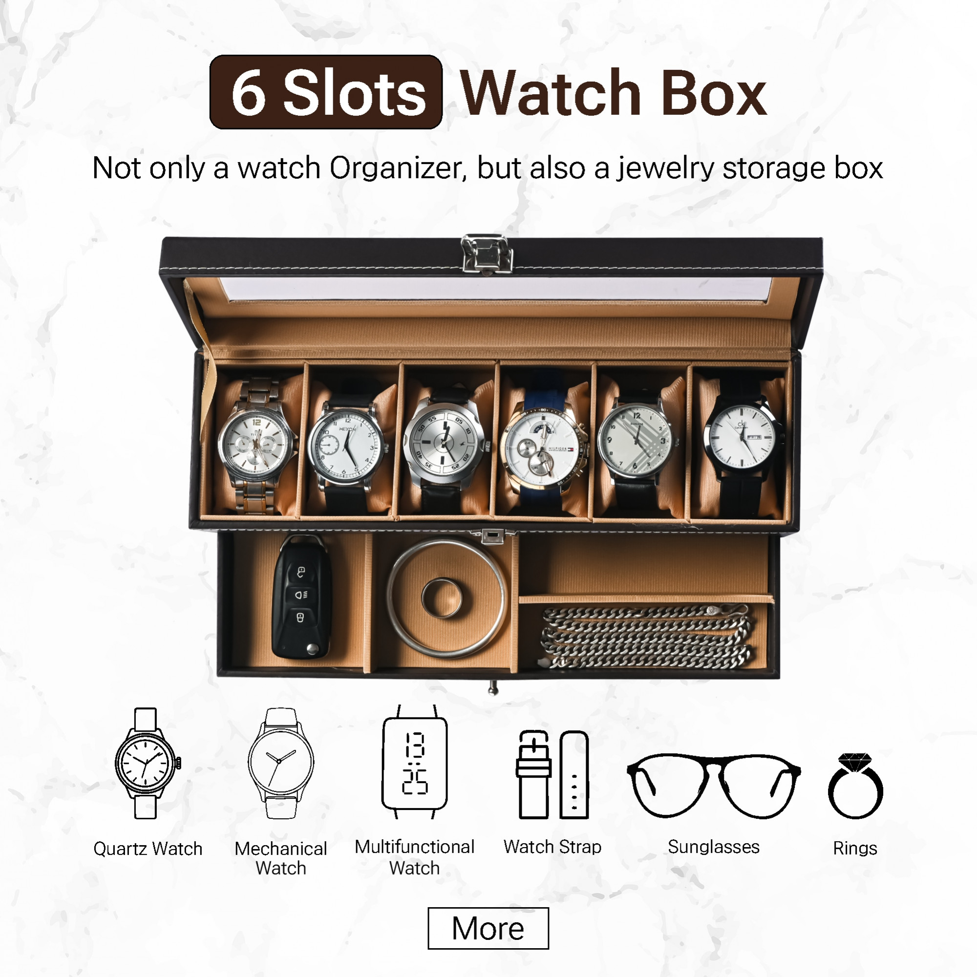 Kuber Industries Premium Faux Leather See Through  Wrist Watch Organiser Box for Men  Women  Multi Compartment Sliding Drawer for Small Accessories  Watches Collection BoxHolder  Brown  Golden