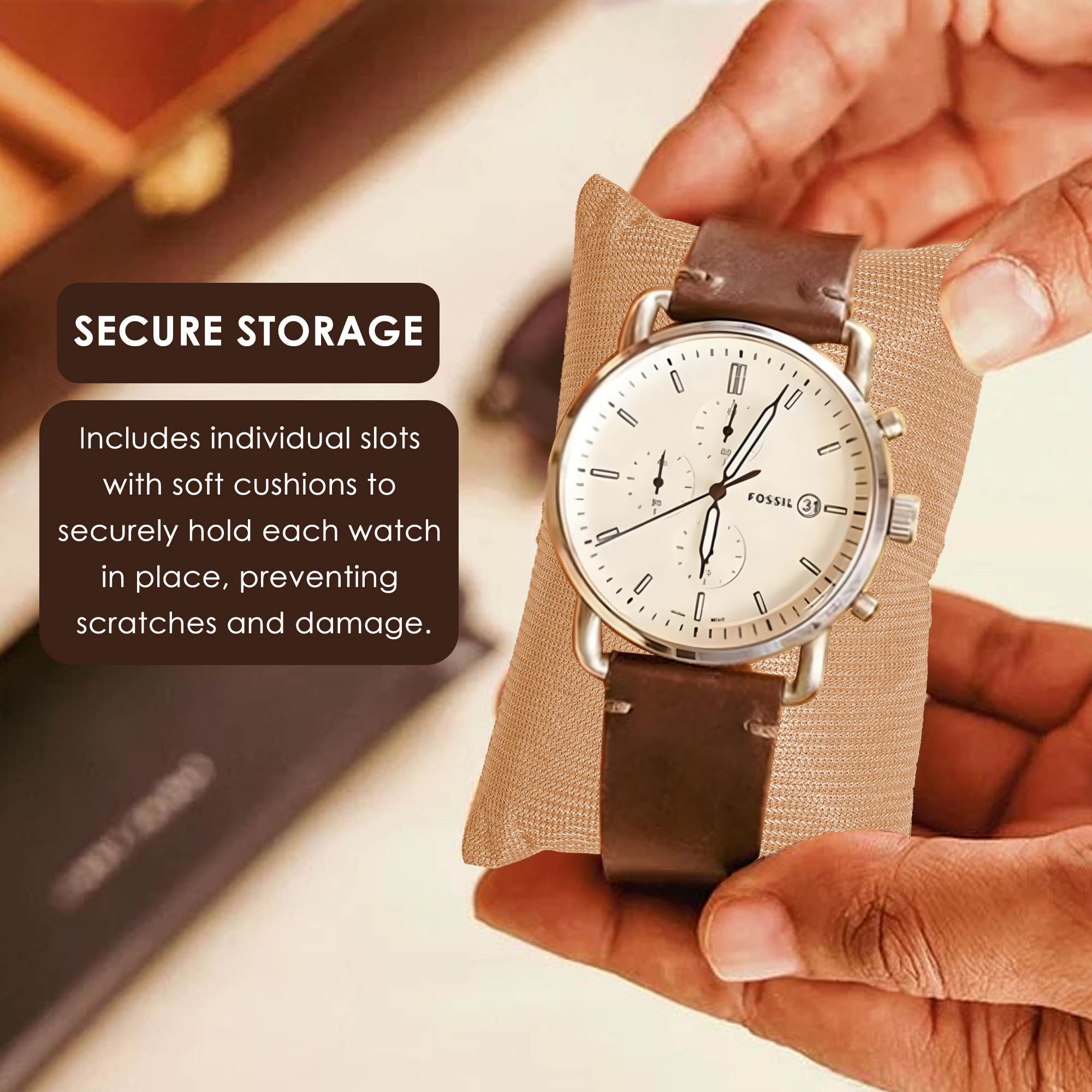 Kuber Industries Premium Faux Leather See Through  Wrist Watch Organiser Box for Men  Women  Multi Compartment Sliding Drawer for Small Accessories  Watches Collection BoxHolder  Brown  Golden