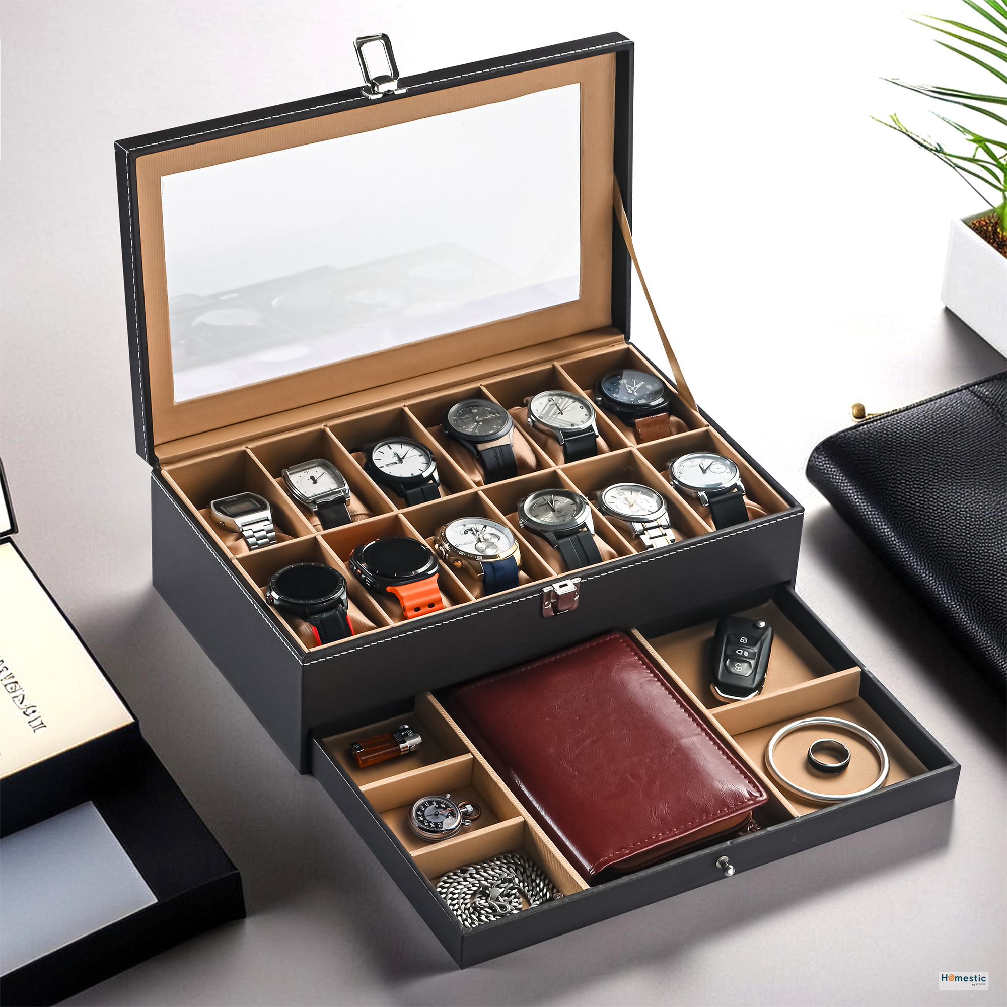 Kuber Industries Premium Faux Leather See Through  Wrist Watch Organiser Box for Men  Women  Multi Compartment Sliding Drawer for Small Accessories  Watches Collection BoxHolder  Brown  Golden