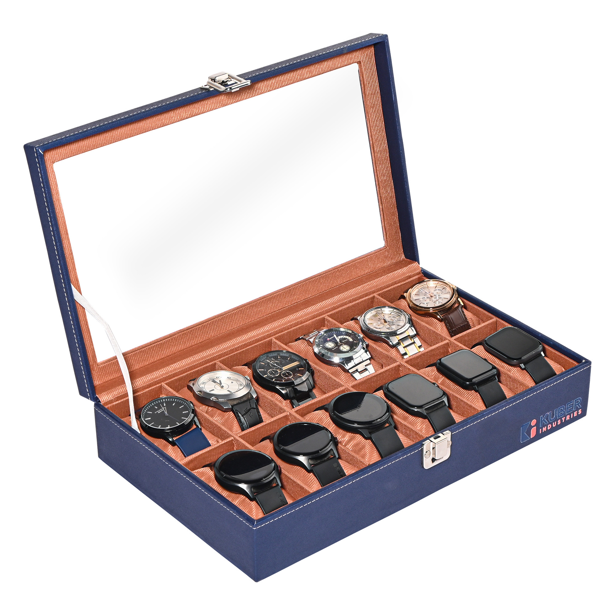 Kuber Industries Premium Faux Leather See Through 12 Slots Wrist Watch Organiser Box for Men  Women  Watch Storage Box Organizer  Watch Collection BoxCaseHolder  Navy Blue